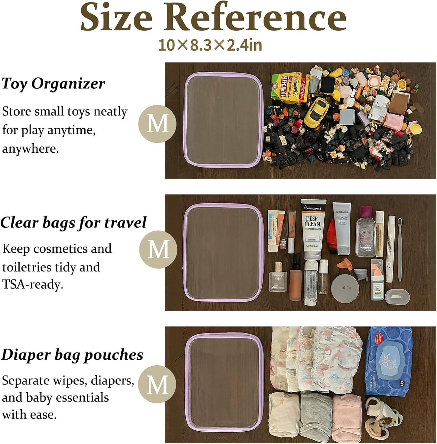 4 pcs Clear Zipper Pouches,Hard Shell Zipper Case, Toiletry Bag for Travel, CLear Diaper Bag, Toiletry Pouch, Travel Organizer, Cosmetic Bag,Toy Storage Bins (M+3S) (Lavender)