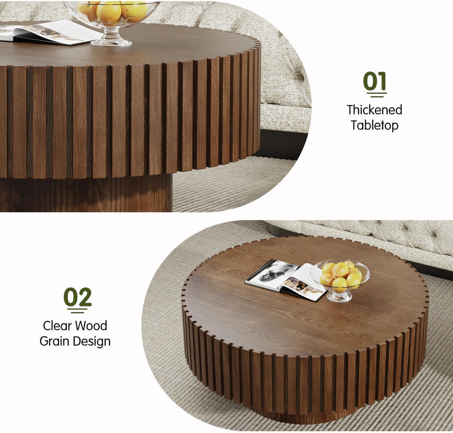 Brown Round Fluted Coffee Table for Living Room (31" Round Brown) | Handcrafted Relief, Circular Wood Drum Coffee Table, for Office Outdoor