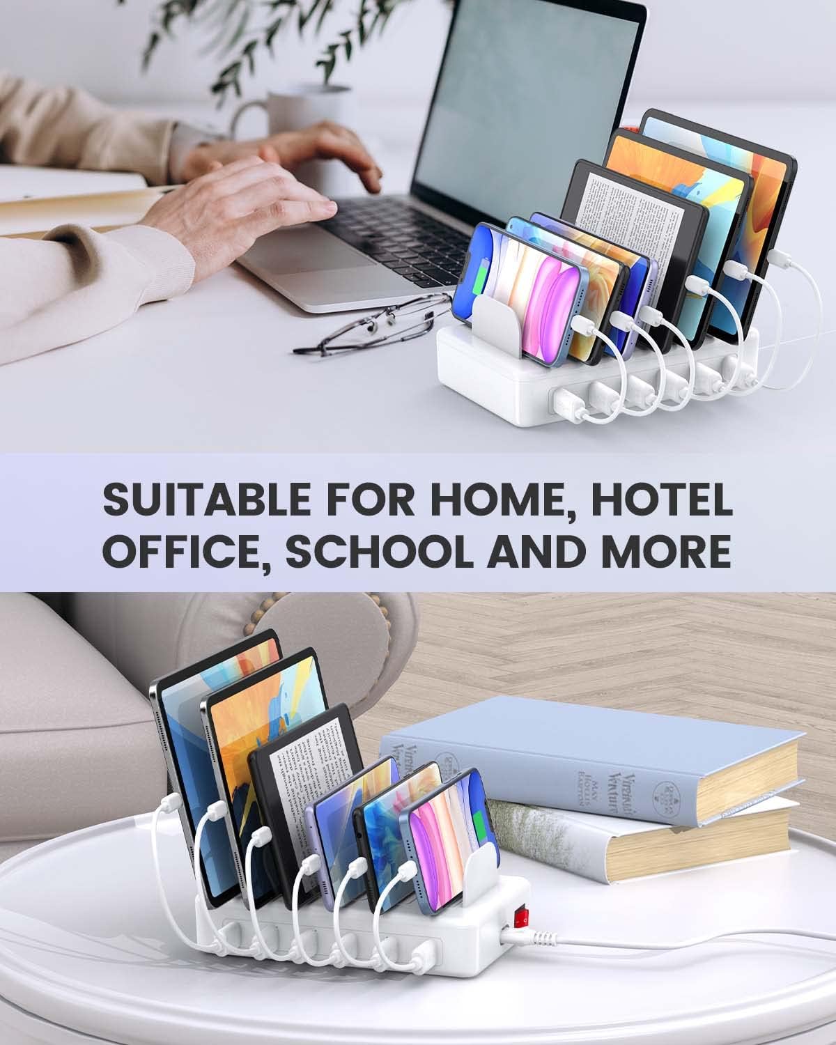 50W Charging Station for Multiple Devices, 6 Port Multi USB Charger Station | with 6 Cables,1 USB-A to USB-C Adapter Converter, Compatible with iPhone,iPad Kindle Tablet and Other Electronic（White)