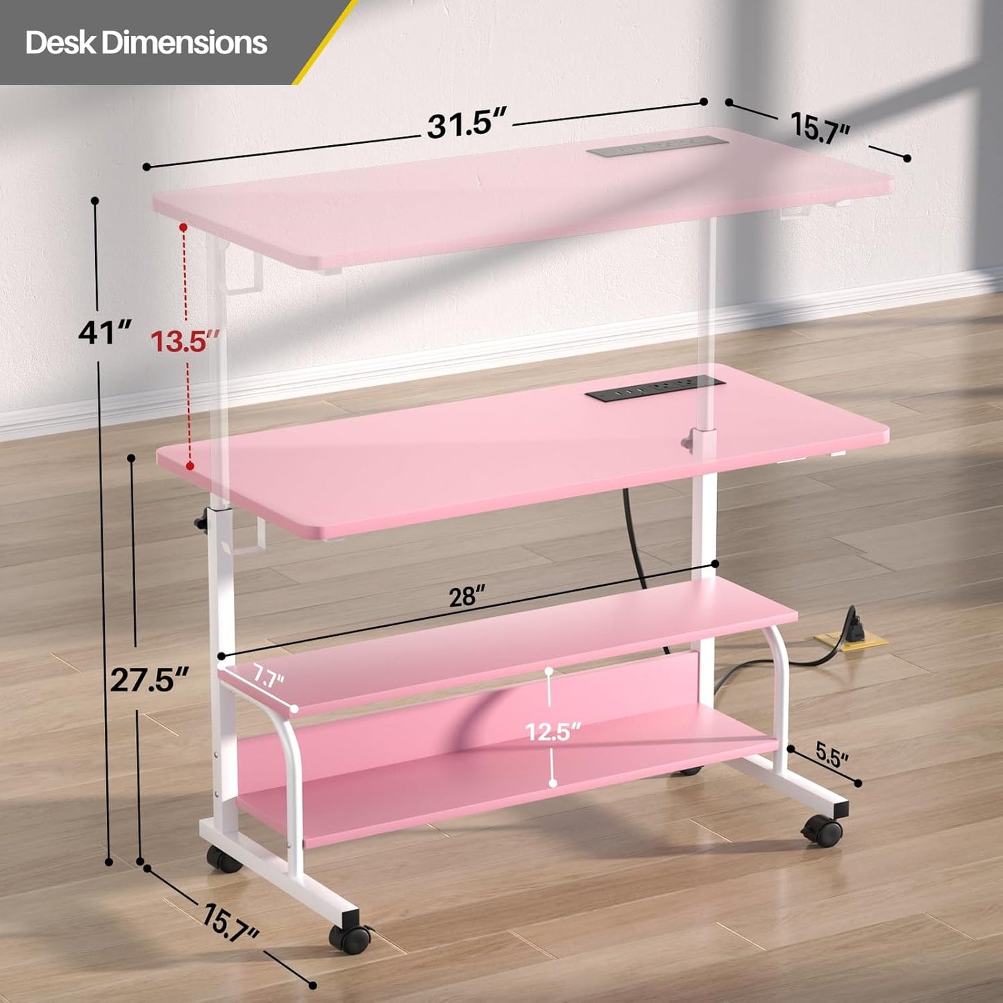 Armocity Rolling Standing Desk with Charging Station, Portable Height Adjustable Mobile Computer Desk with Wheels & 2-Tier Shelves & Hooks, Easy Assembly Laptop Table for Couch Bed, 32" Pink