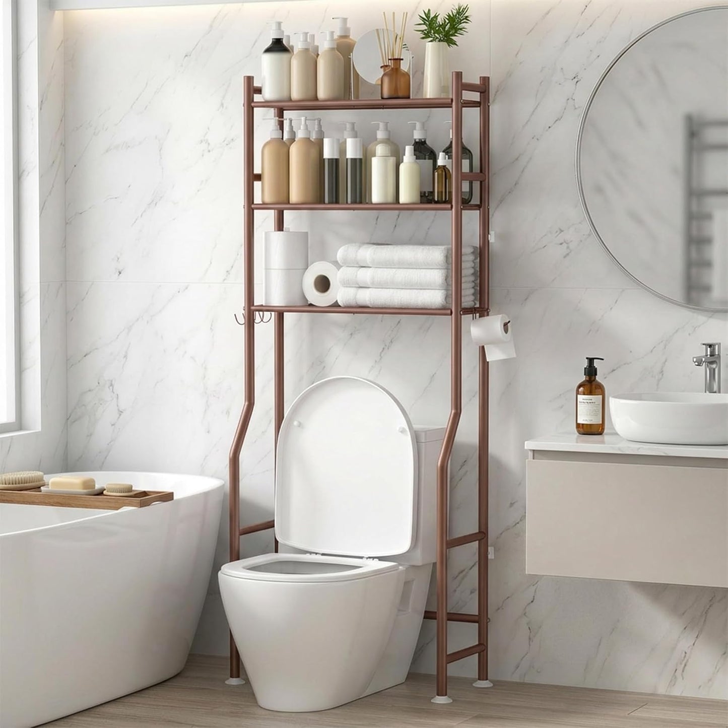 GloTika 3-Tier Over Toilet Storage with Anti-Tilt Safety System - 150lb Total Capacity Metal Bathroom Shelves Including Paper Holder & 4 Hooks, Space Saving Above Commode Organizer (64" H, Bronze)