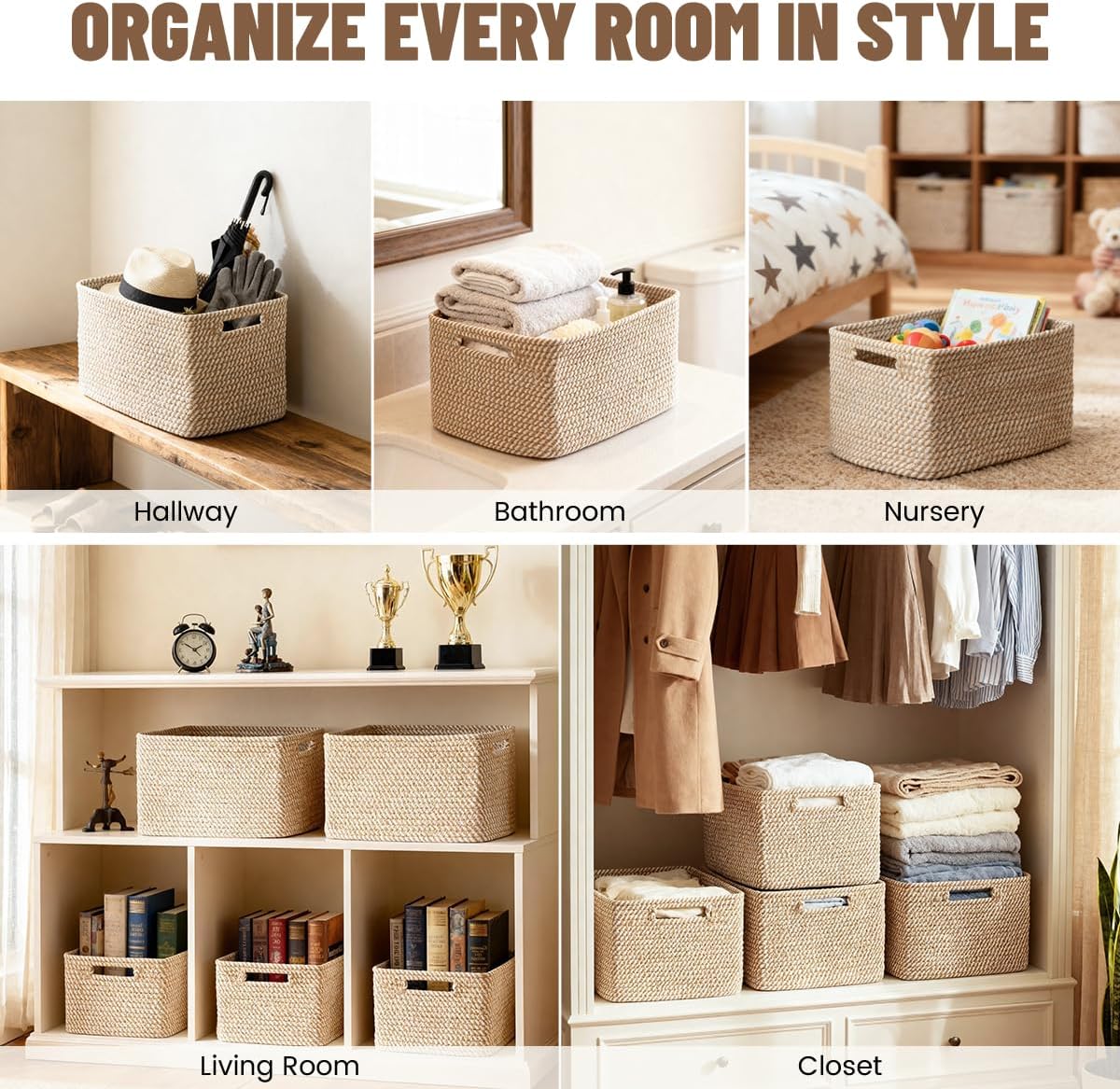 5 Pack Woven Storage Baskets, Decorative Storage Bins for Organizing