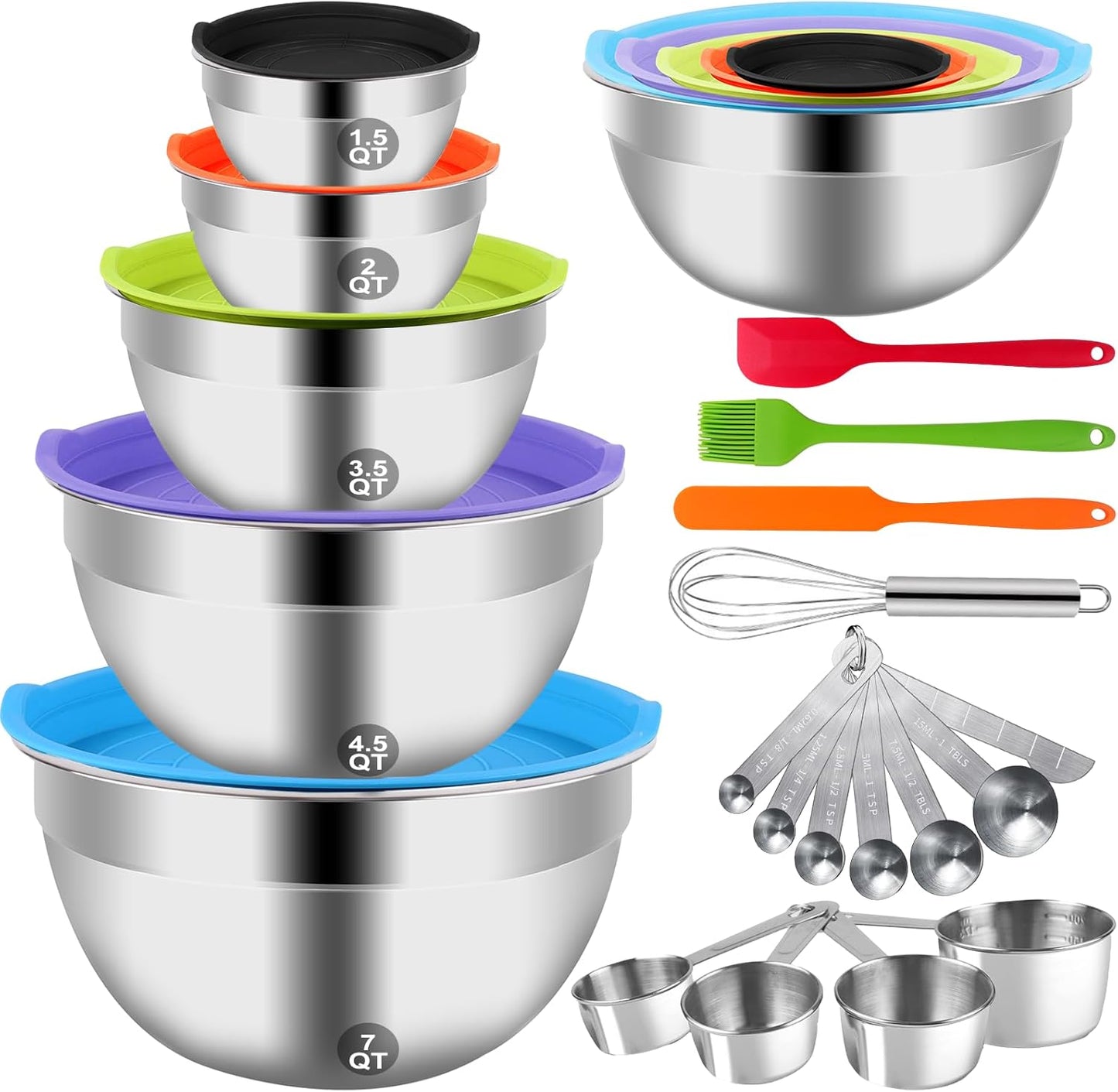 WEPSEN 5-Speed Electric Hand Mixer, 4 Large Mixing Bowls Set, Handheld Mixers with Whisks Beater, Stainless Steel Metal Nesting Bowl Measuring Cups Spoons Kitchen Cake Blender for Baking Supplies