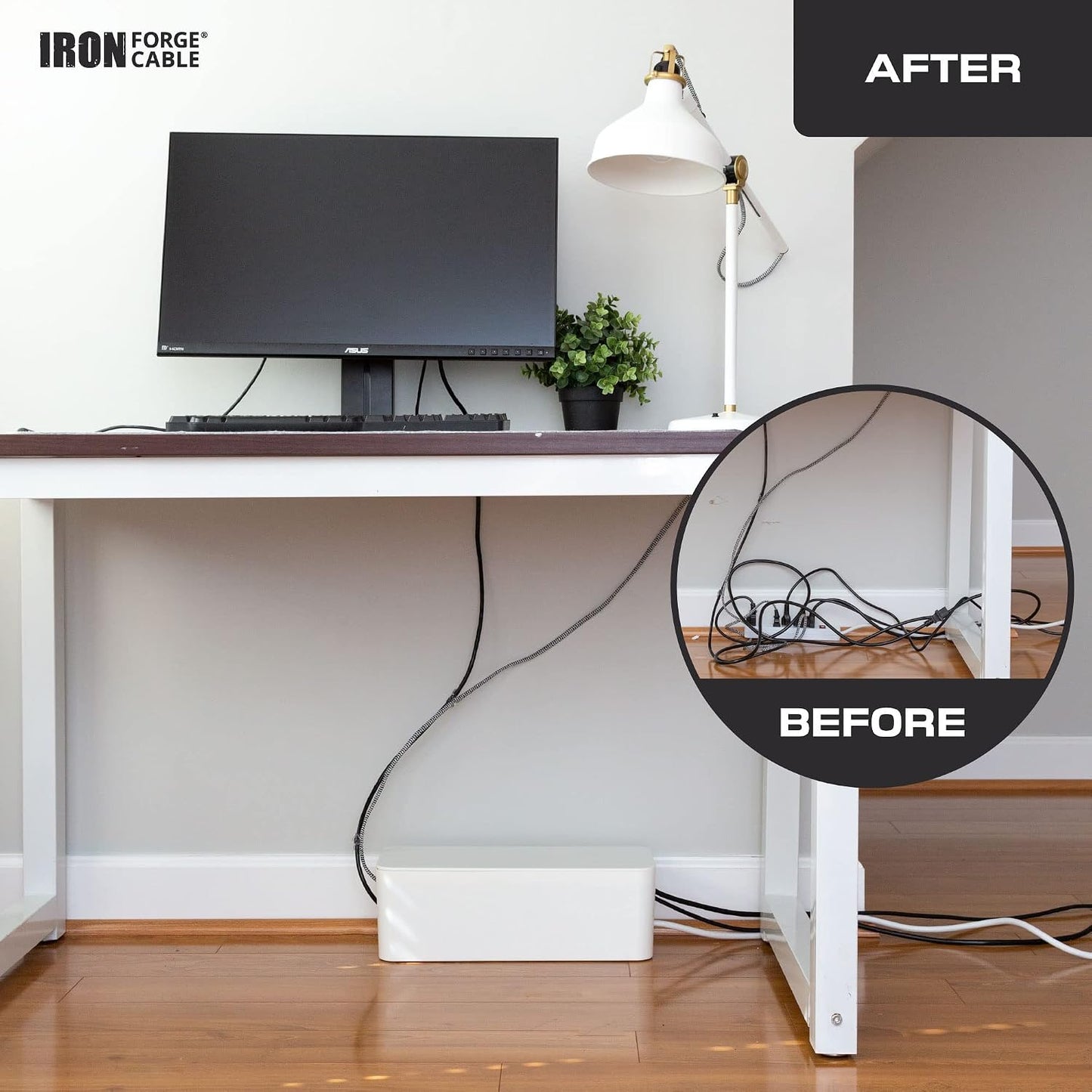 Iron Forge Cable Cable Management Box, 2 Pack - White, Hook & Loop Keepers | Cord Organizer & Cable Hider, For Wires, Power Strips & Surge Protectors, Includes Cable Sleeve, Zip Ties & Clips