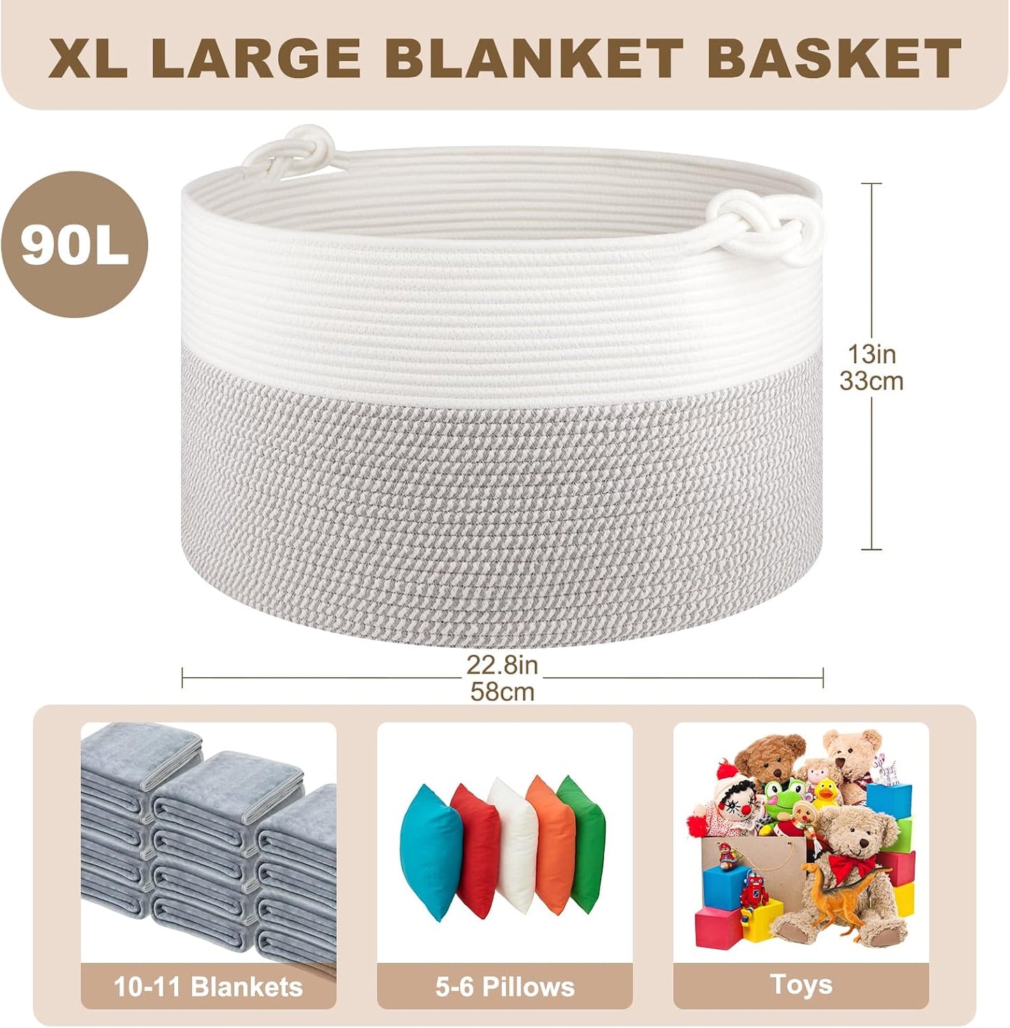 OIASKET Large Blanket Storage Basket for Living Room, 22.8" x 22.8" x 13" Woven Cotton Rope Basket with Handles, Baby Toy Storage, Laundry Hamper for Clothes, Pillows, Towels-Grey and White