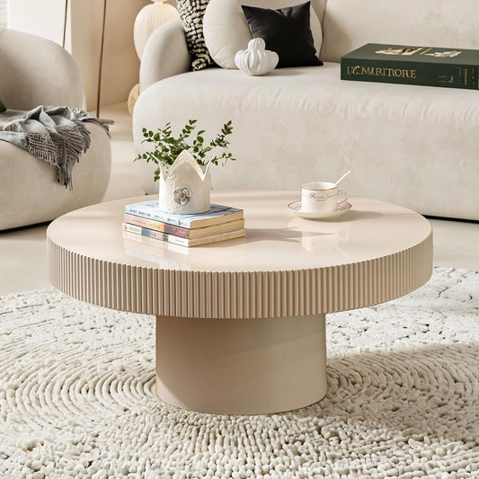 Handmade Wooden Drum Coffee Table (A White 30.7in) | Elegant Round Fluted Wood Coffee Tables, Rustic Modern Circular Centerpiece for Living Room & Farmhouse Decor