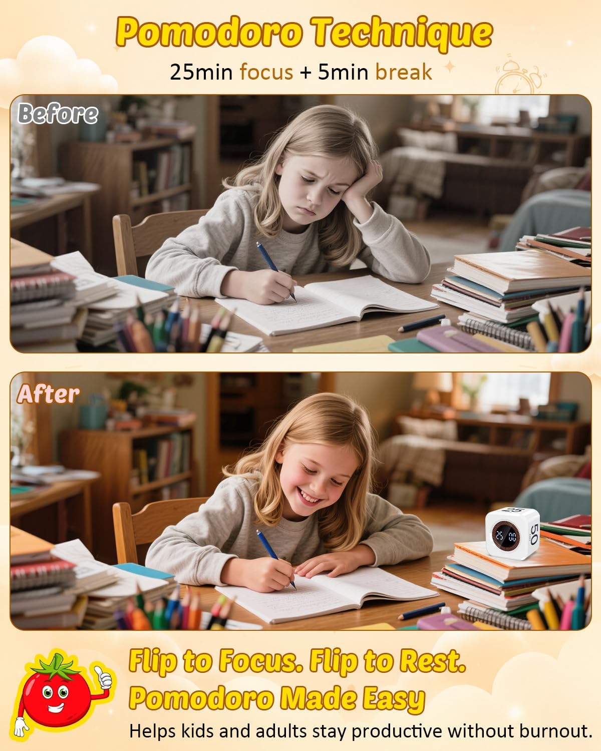 Digital Pomodoro Timer Cube 5/10/25/50min Preset, Silent & Sound Alarm