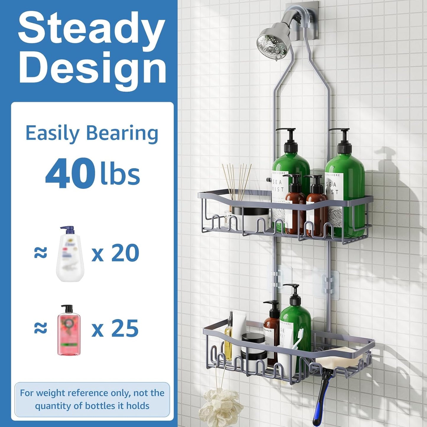 Upgraded Extended Length Shower Caddy Over Showerhead No Blocking to Showerhead, Rustproof Bathroom Organizers and Storage with Hooks Shampoo Soap Holder, Large Hanging Caddy, Grey