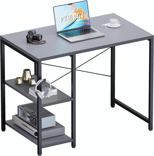 Pamray 32 Inch Small Computer Desk with Shelves, Home Office Desk with Headphone Hook for Bedroom, Study Writing PC Table for Small Spaces, Grey