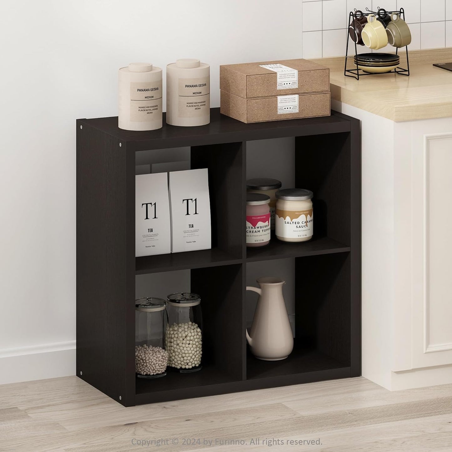 Furinno HERMITE Kitchen Island, 4-Cube Coffee Bar, Extra Thick Kitchen Storage, Bakers Rack, for Pantry Organizers and Storage, Kitchen Organization, Black Dark Oak