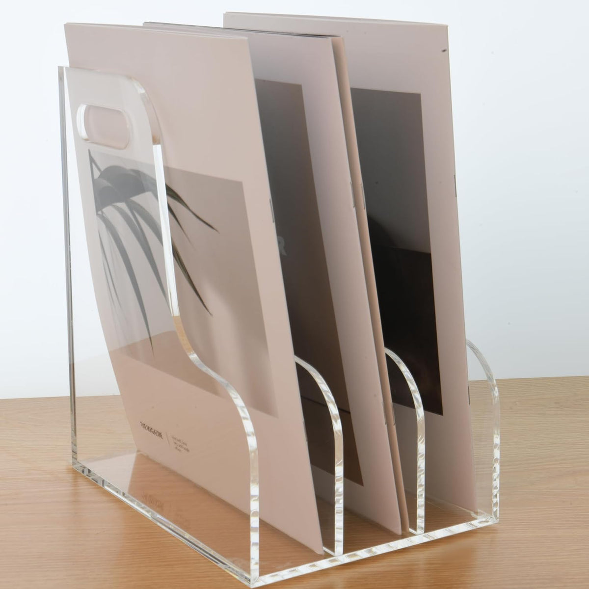 3 Vertical Compartments File Holder, Clear Acrylic Desk Organizer and Storage Bins Holding for Magazines, Binders, Notebooks, Envelopes, Multi-purpose Document Organizer for Home Office