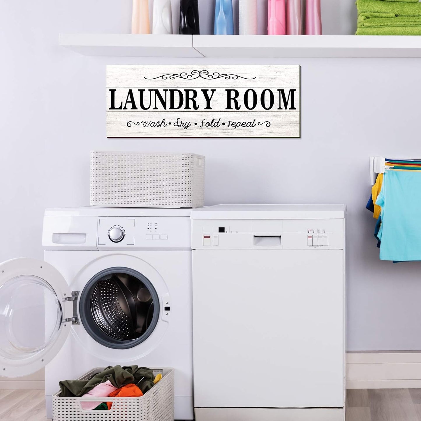 Laundry Room Decor Sign Wooden Rustic Farmhouse Family Laundry Room Wall Sign Wash Dry Fold Repeat Wall Decor Prints for Home, 16 x 6 Inches(White)
