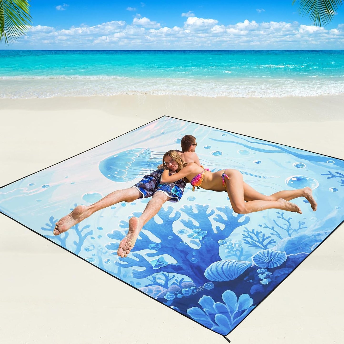 WIWIGO Beach Blanket Waterproof Sandproof Beach Mat 79" X 83"/10'x9'for 2-8 Adults Quick Drying Outdoor Picnic Mat Beach Accessories for Travel, Camping, Hiking