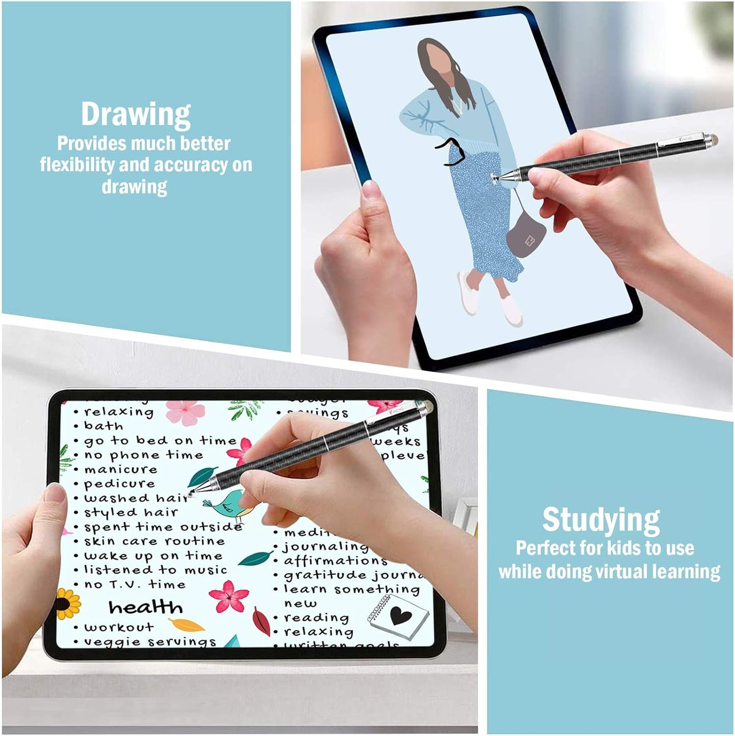 Capacitive Stylus Pen, 4-in-1 High Sensitivity and Precision Touch Screen Stylus Clear Disc Tip,Black Rubber Tip &Mesh Fiber Tip Compatible with Universal Touch Screen Device,Black