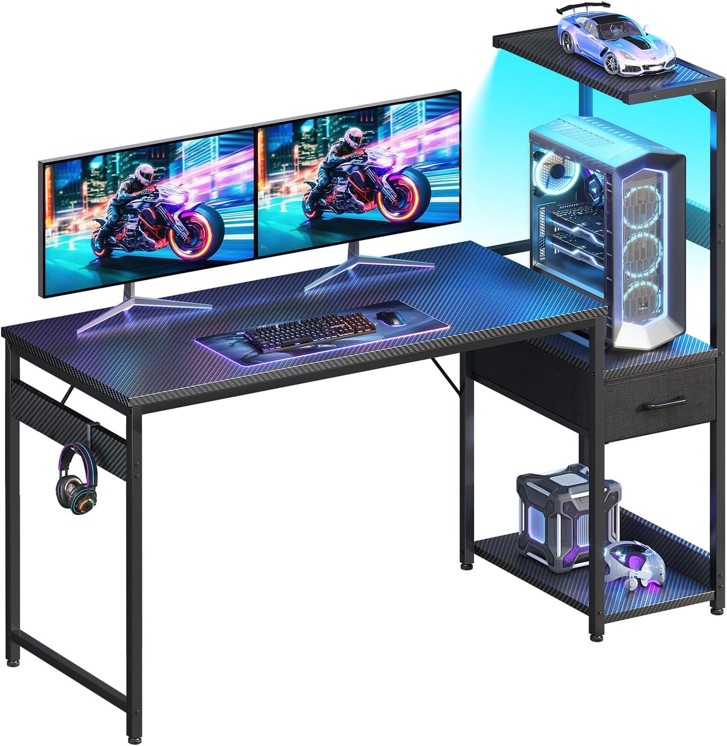 Casaottima 54'' Gaming Desk with LED Lights & CPU Stand, Reversible Computer Desk with Storage Shelves & Fabric Drawer, Modern PC Gamer Table with Headphone Hook, Carbon Fiber Black