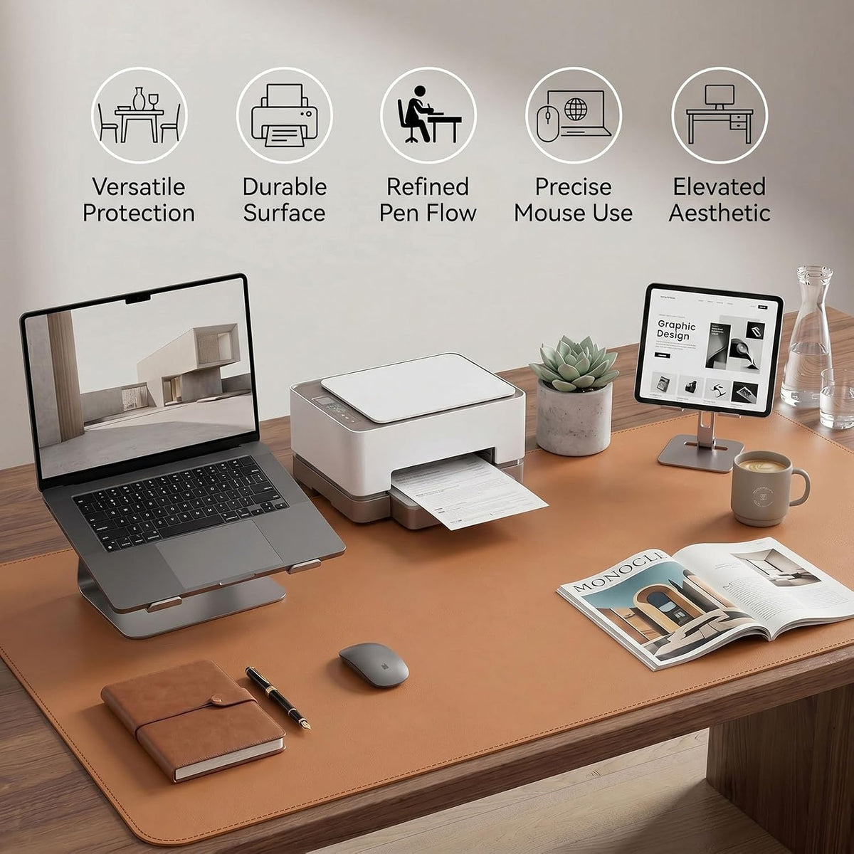 Large Desk Pad Non-Slip Desk Mat Protector for Keyboard Mouse Waterproof Vegan Leather Surface Faux Leather Laptop Mat Smooth Mouse Pad Premium Gift Tube Caramel Brown 39" x 17"