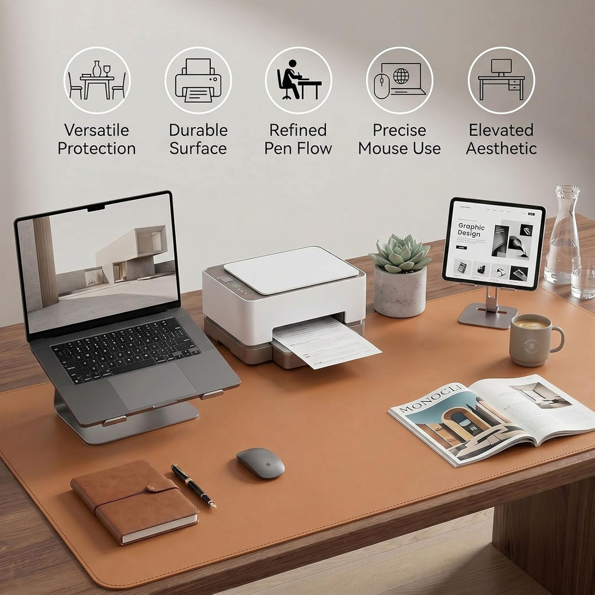 Large Desk Pad Non-Slip Desk Mat Protector for Keyboard Mouse Waterproof Vegan Leather Surface Faux Leather Laptop Mat Smooth Mouse Pad Premium Gift Tube Caramel Brown 55" x 23"