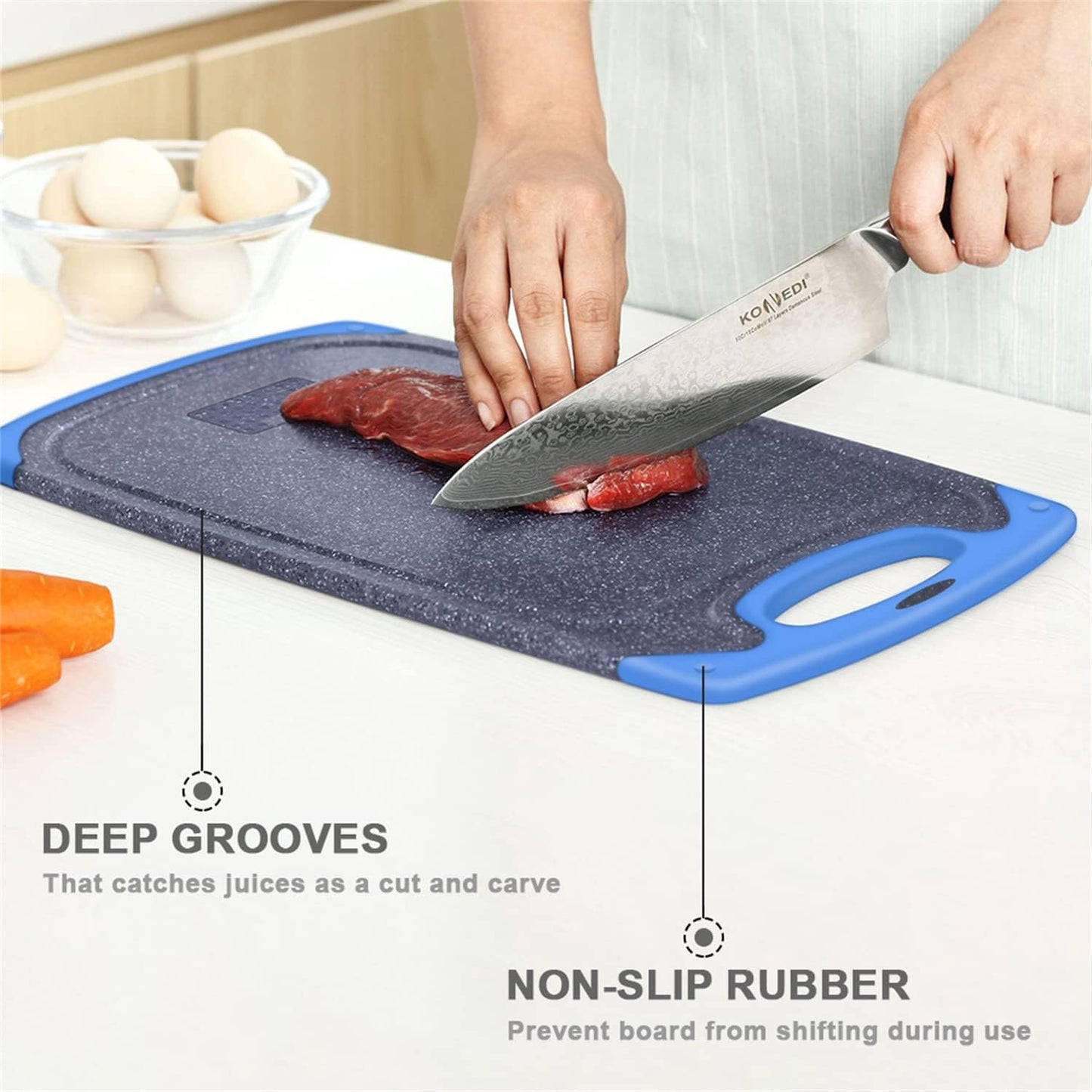 Viretang Non Slip Cutting Board, 3 Pieces Dishwasher Safe Cutting Boards with Juice Grooves, Easy Grip Handle, Non-Slip, with Grinding Area for Grinding Garlic and Ginger（blue）