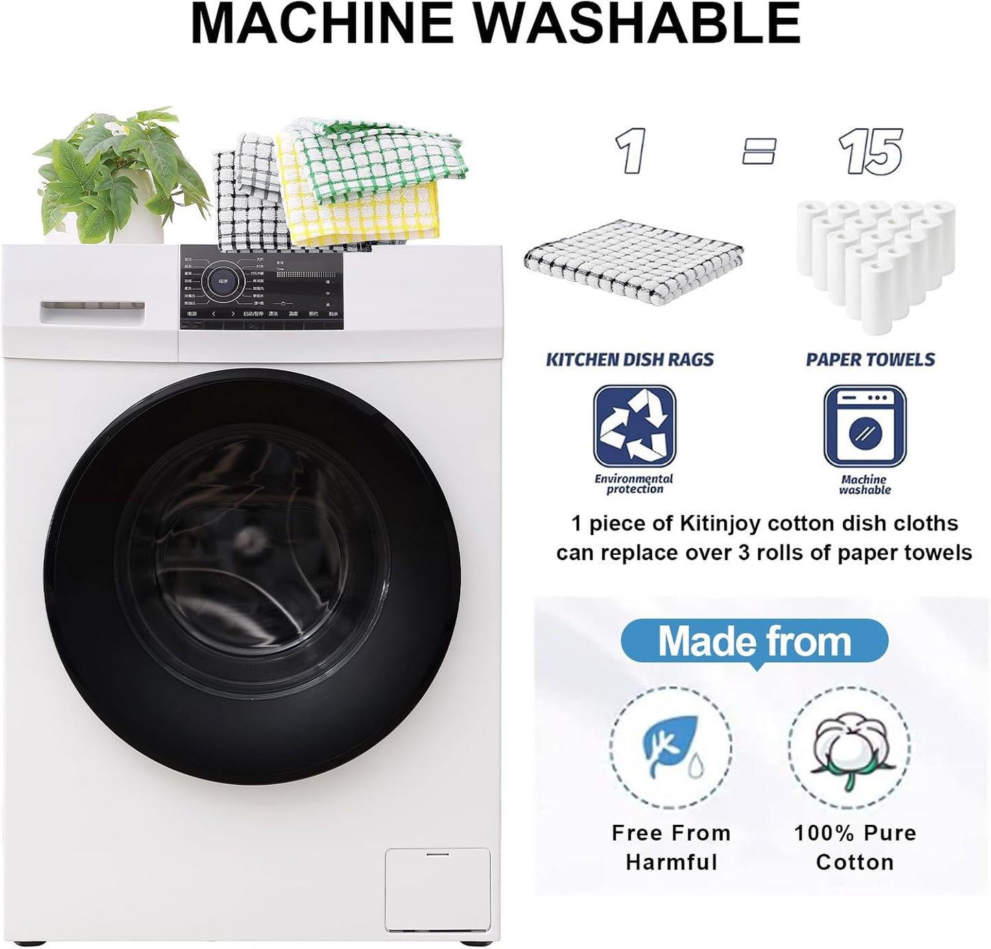 Kitinjoy Cotton 8 Pack Terry Kitchen Dish Cloths, 12 x 12 Inches Super Soft and Absorbent Dish Rags, Quick Drying Dish Towels for Washing Dishes, Black