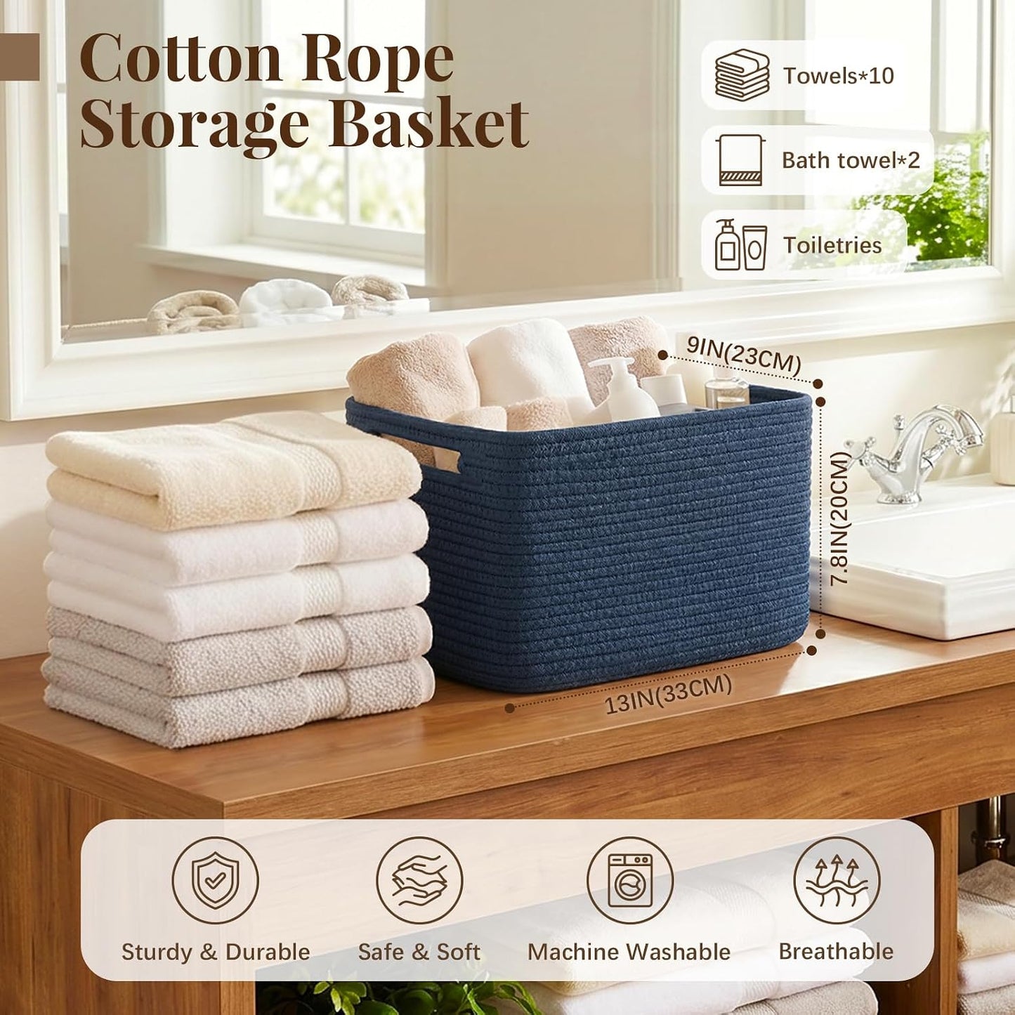 OIASKET 4Packs Natural Cotton Rope Storage Baskets for Organizing Toys, Clothes, Towels & Books, Soft Versatile Organizers for Shelves, Home Decorative Bins, 13''Lx9''Wx7.8''H, Blue