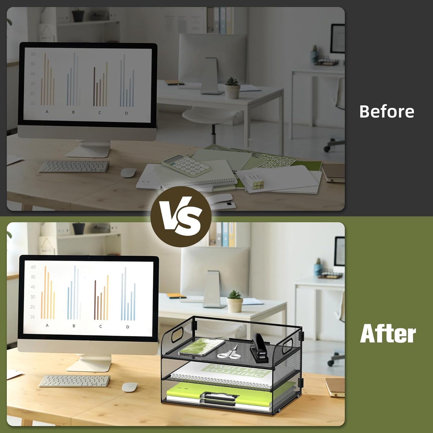 DALTACK 3 Tier Paper Organizer with Handle, Mesh Metal Desk Organizer with Sliding Paper Trays for Letter/A4 Paper, Mail, Bills & Folders, Black 2 Pack