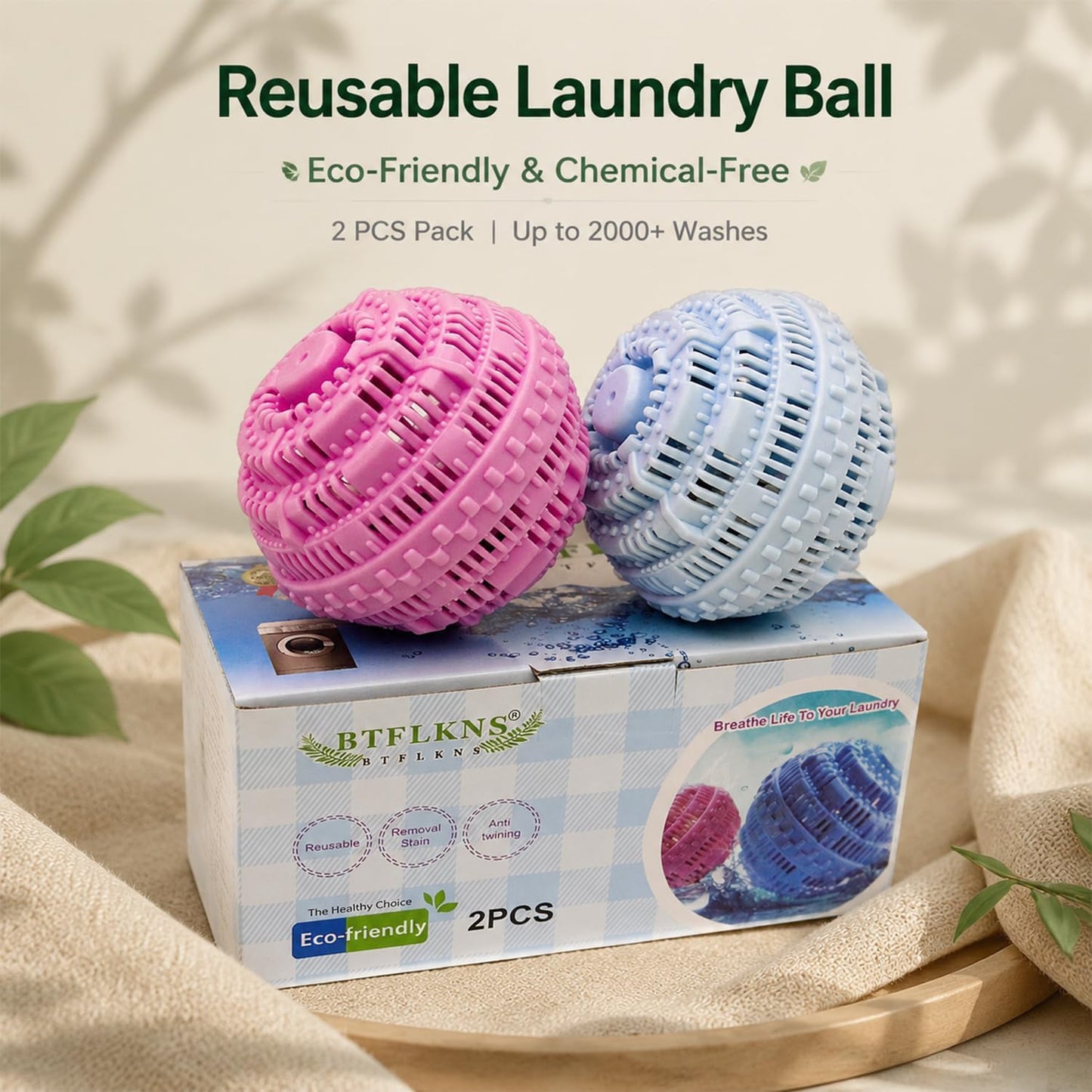 Laundry Balls Set, Eco-Friendly Super Washing Machine Laundry Ball, All Natural Washer Ball Laundry Detergent Alternative, Household Can Be Reused 2000 Washings(2pcs Balls, Pink,Blue)