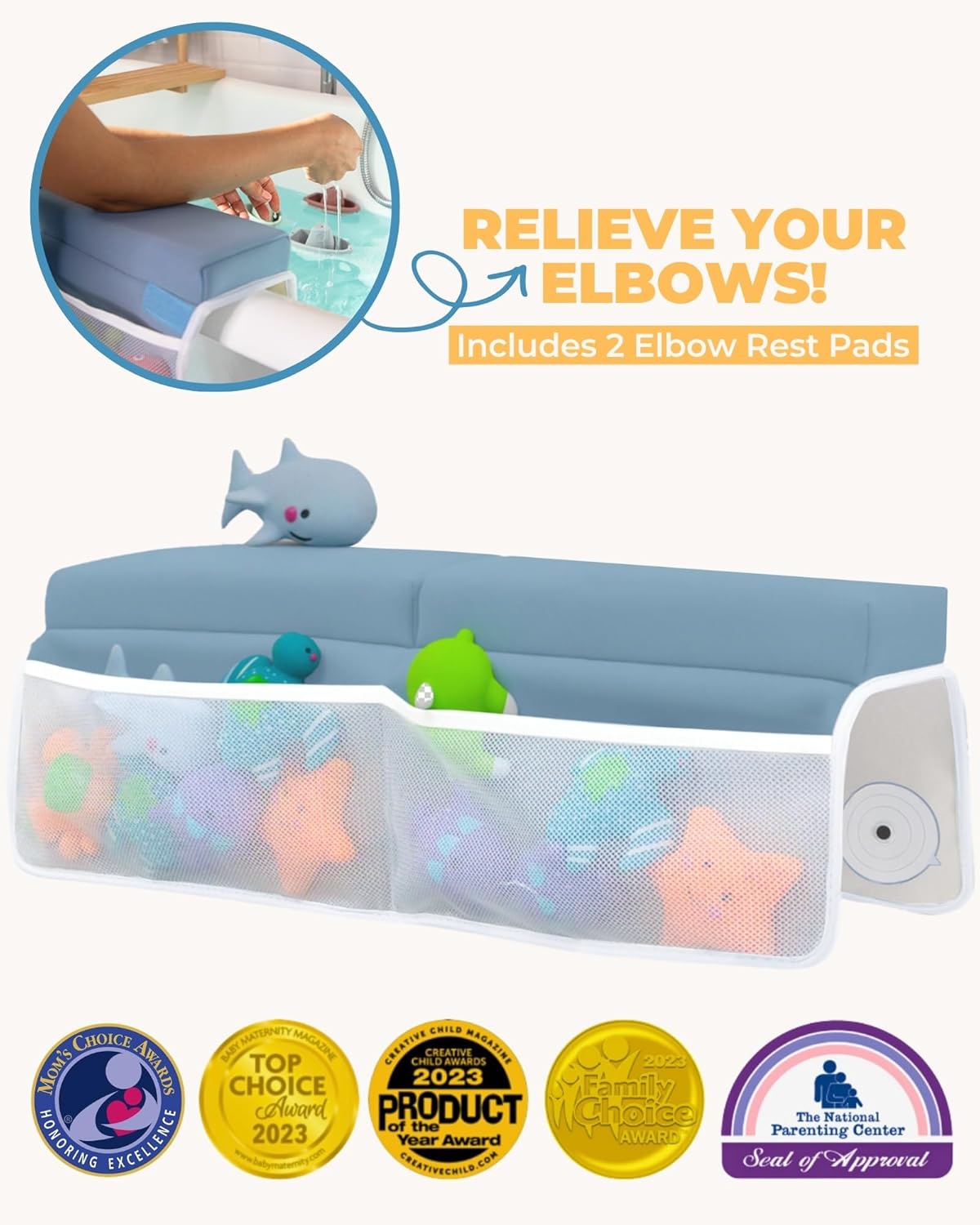 Comfortable Baby Bath Kneeler and Elbow Rest Pad Set – Thick Memory Foam Bath Kneeling Pad with Elbow Support – Baby Bathtub Cushion with Toy Organizer for Bathing Infant or Toddler - Blue