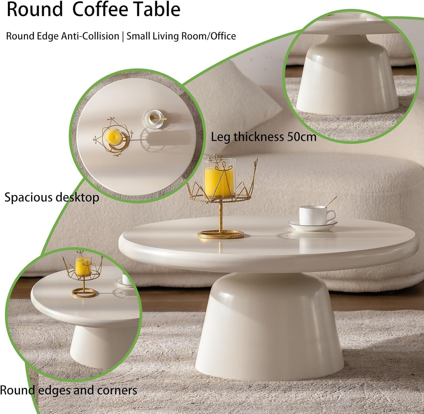 White Round Coffee Table (White 31in) | Cream Irregular Coffee Tables, Unique Pedestal Funky Cute Center with Large Tabletop & Legs, Irregular circular Coffee Table