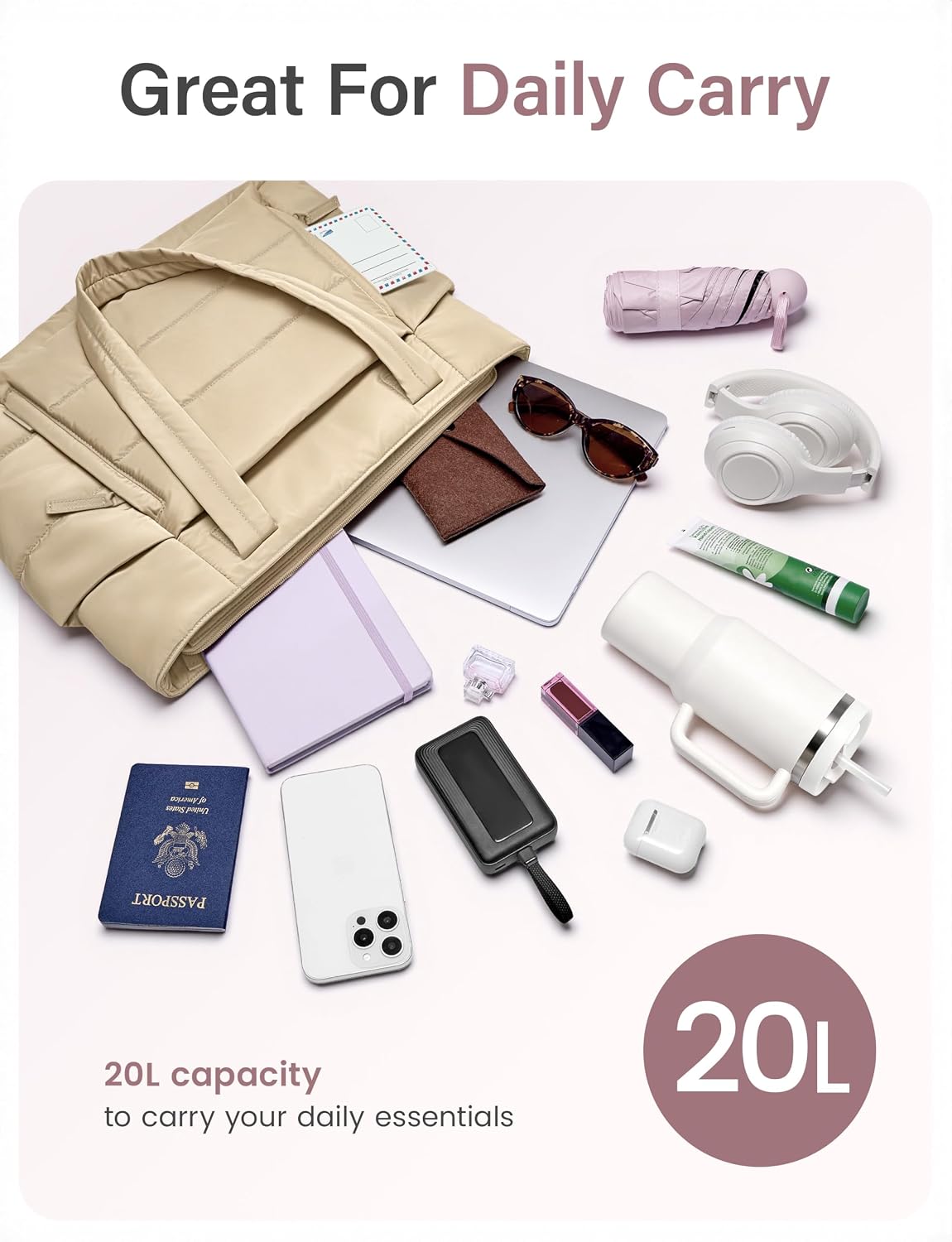 Uselike Tote Bag for Women with Zipper, Quilted Puffer Tote Bag with Compartments, Lightweight Puffy Work Bags for Women