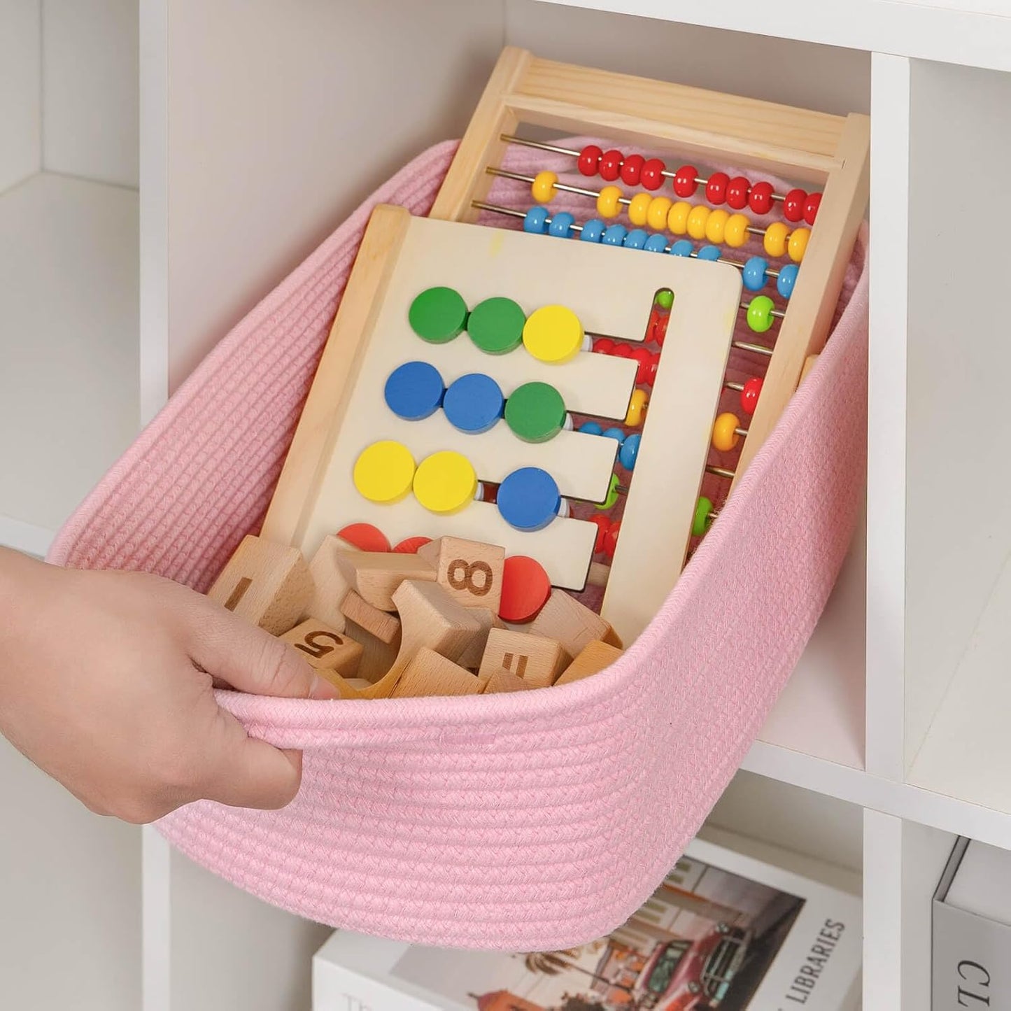 CubesLand Cube Storage Organizer Basket Bin, Cotton Rope Shelves Basket | Durable Woven Rectangular Shelf Basket for Organizing, Nursery Toys Basket, Pink Basket