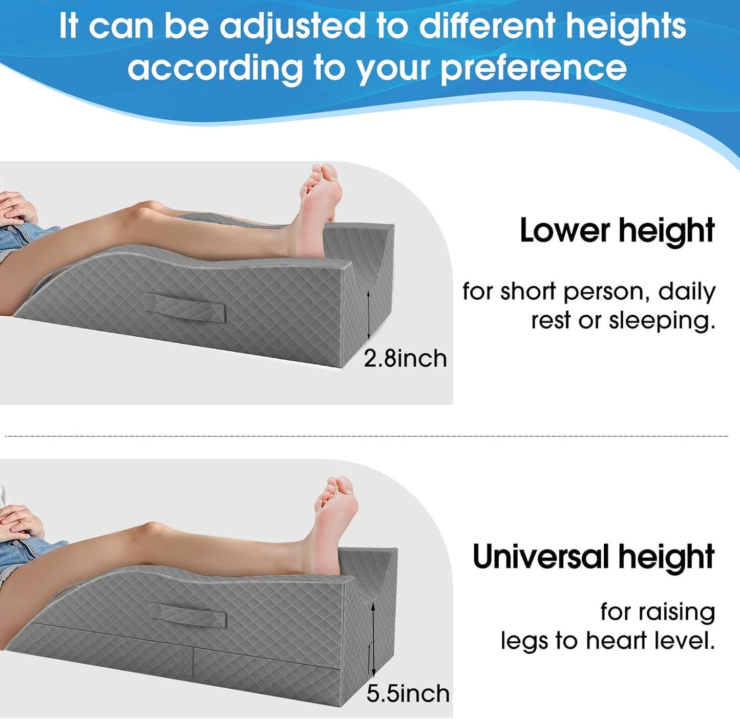 TranquilRelax Elevation Pillows for Leg After Surgery, Memory Foam Adjustable Wedge Pillow for Injury or Rest, Ankle Pillow for Sleeping Blood Circulation, Full Grey/Single Leg