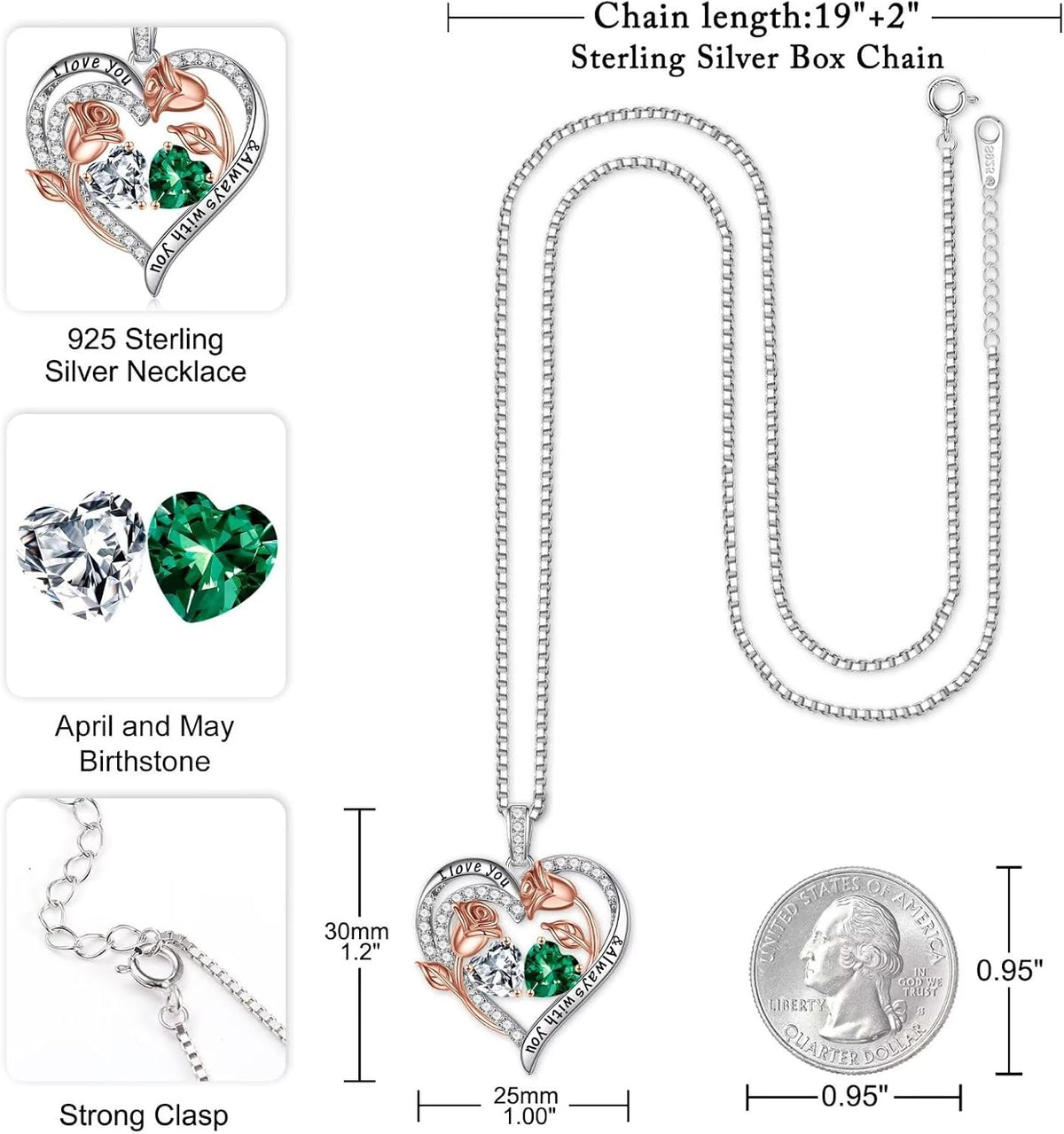 Iefil Birthstone Necklace for Women - Rose Heart Necklace
