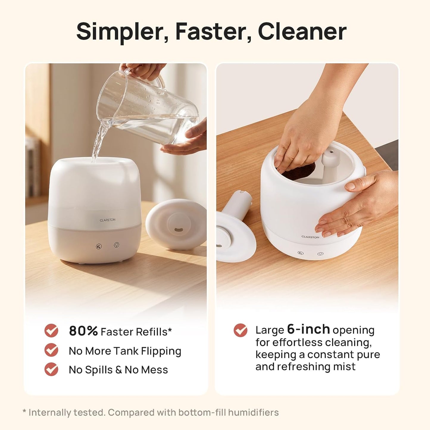 Clarston Humidifiers for Bedroom, 2L Top Fill with 360° Nozzle for Large Room, 7-Color Night Light, 24dB Quiet Cool Mist Air Humidifier for Baby Nursery & Plants, No BPA, Auto Shut Off, Easy to Clean