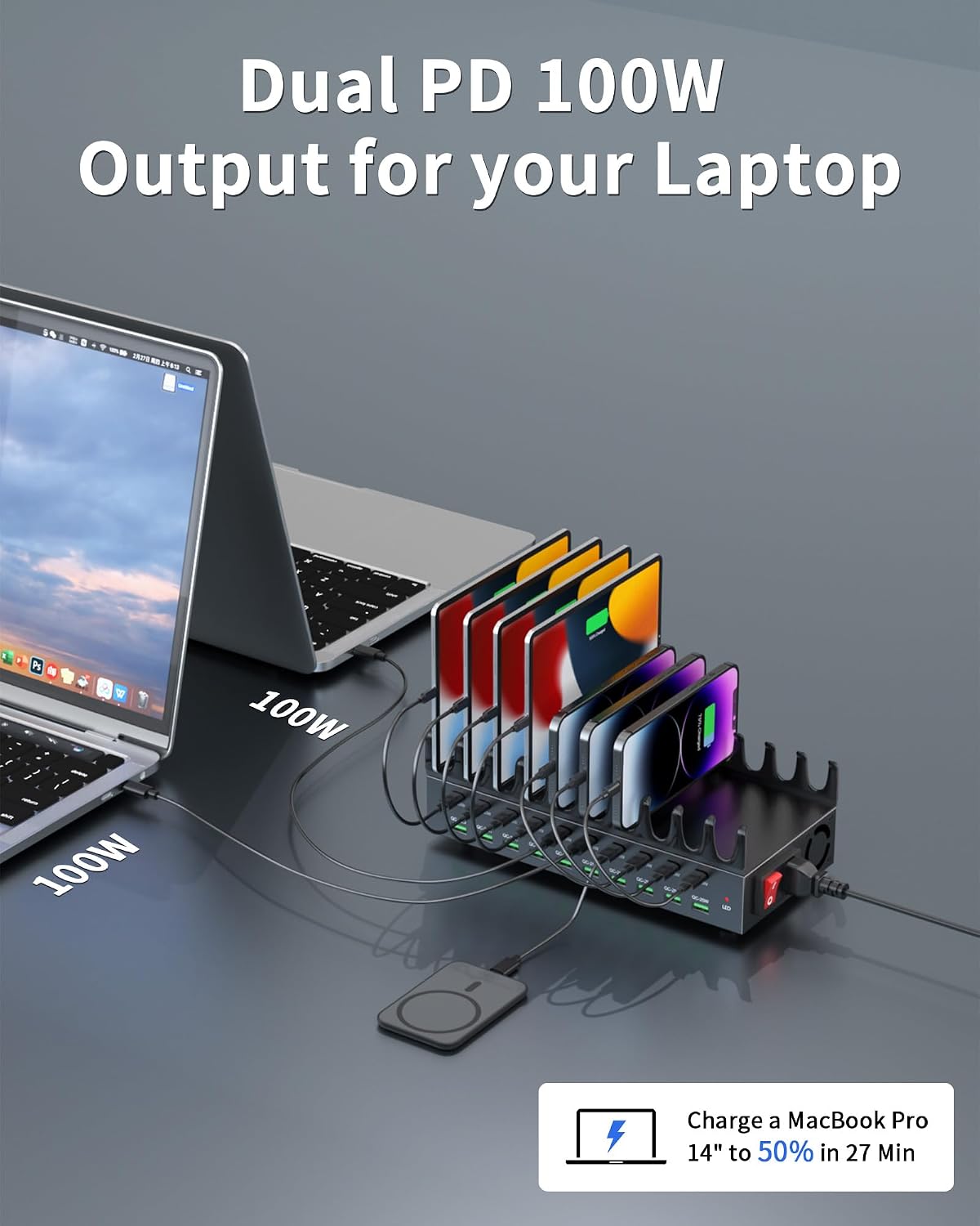 20-Port 690W Charging Station for Multiple Devices, Fast Charger Station | with Dual 100W PD PPS Port, Multi Device USB C Fast Charger Dock for MacBook Pro Laptop, iPhone, iPad, Tablet, Cell Phone