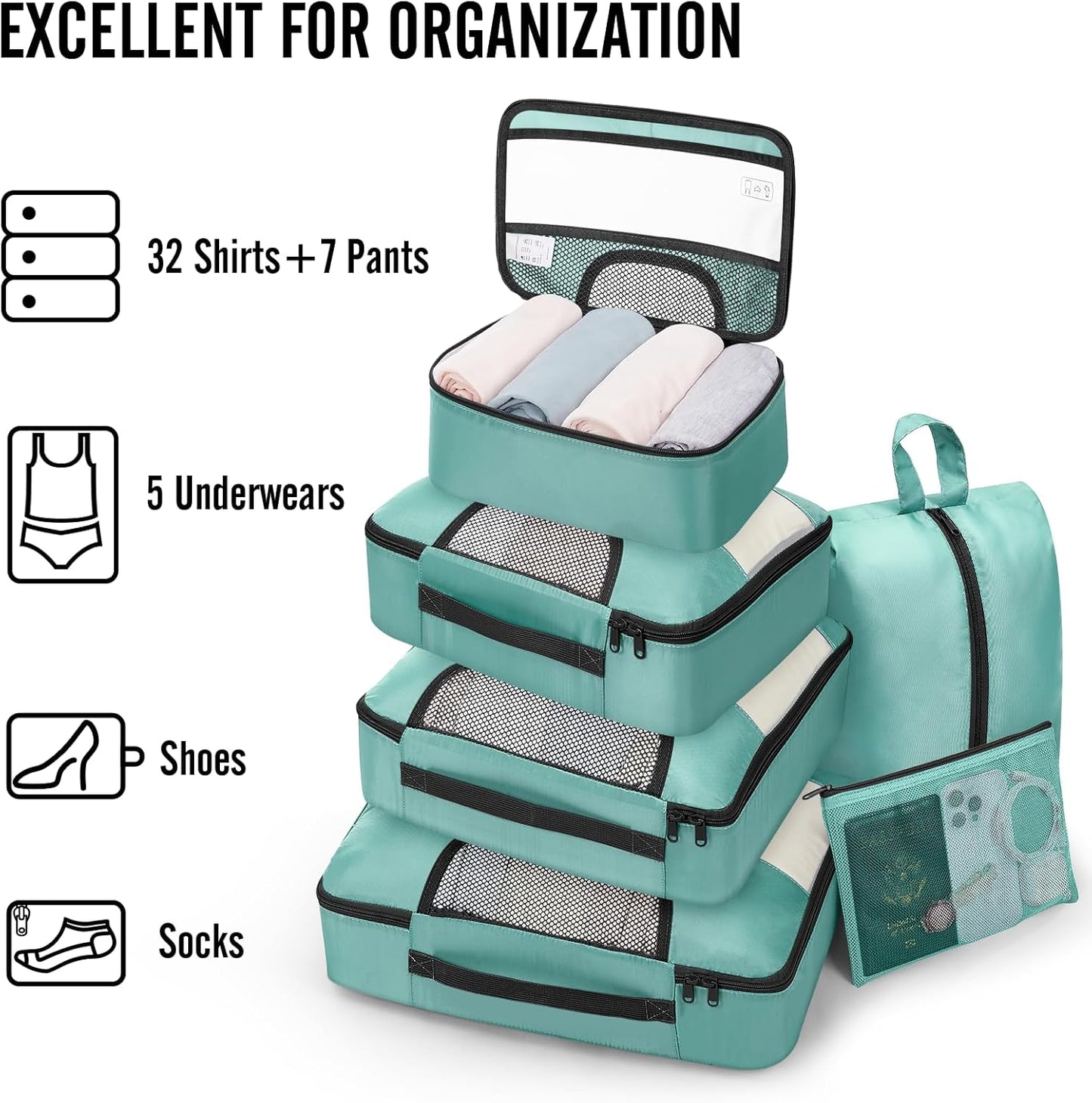 Veken 8 Set Packing Cubes for Travel Essentials, Suitcase Organizer Bags in 4 Sizes, Carry-On Luggage Accessories with Laundry Bag, Airplane Must Have, Gifts for Women Men