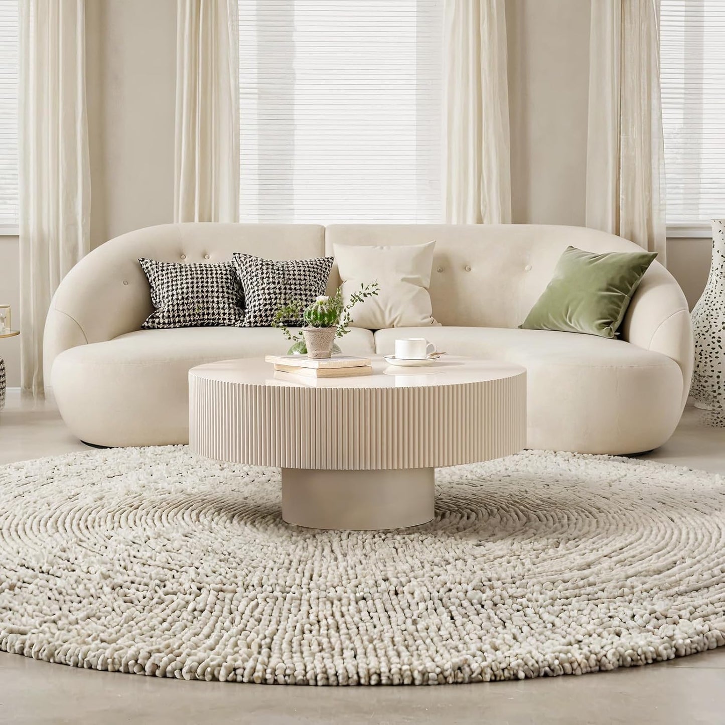 30.91'' Round Coffee Table (White Thickened) | Modern Handcraft Drum Coffee Table, Unique Fluted, Wood Center Table, For Living Room, Small Space, Farmhouse, Apartment