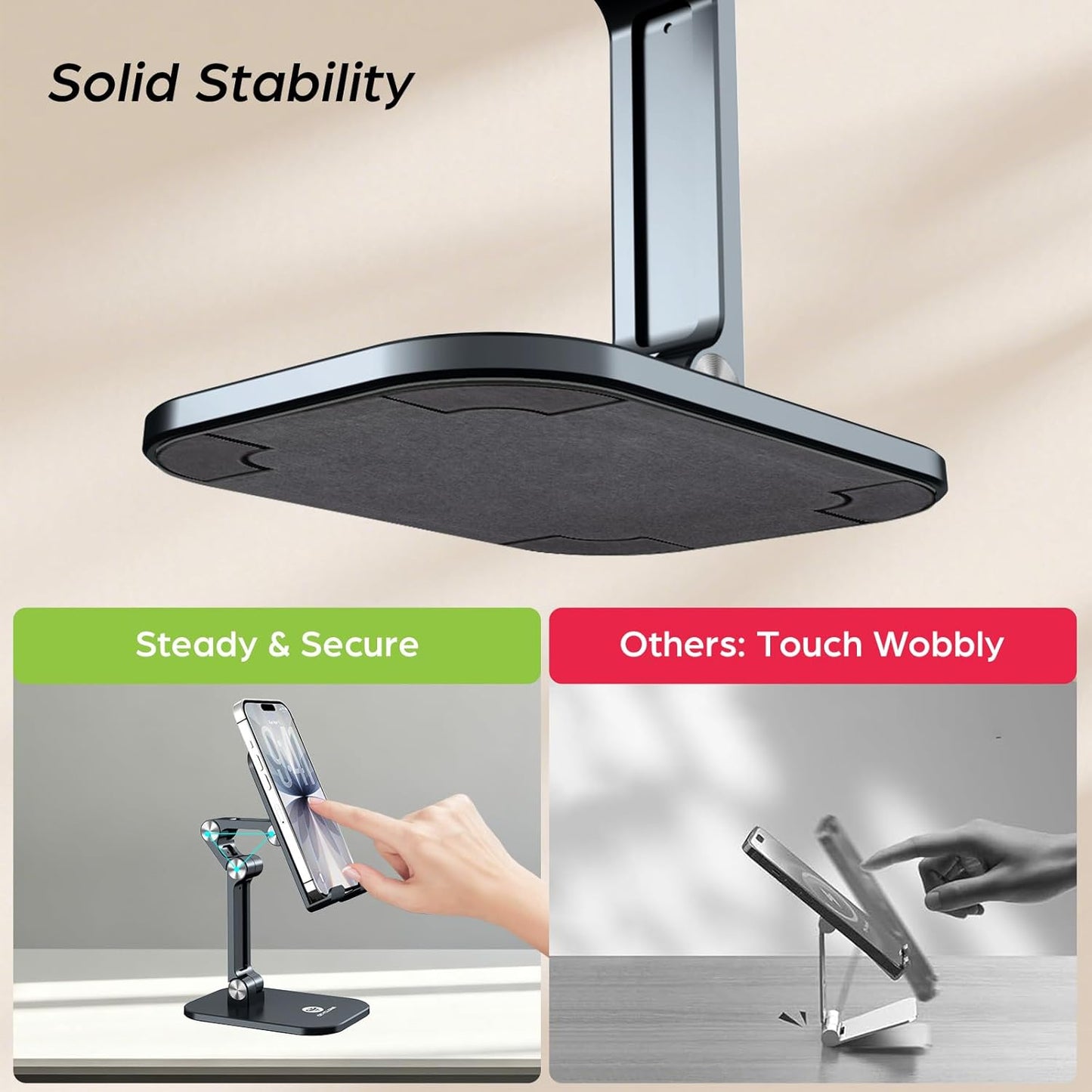 OCYCLONE Phone Stand, Foldable Cell Phone Stand Holder for Desk Office Accessories Adjustable Height and Angle iPhone Stand Compatible with 4"-13" Phones iPad Tablet - Black