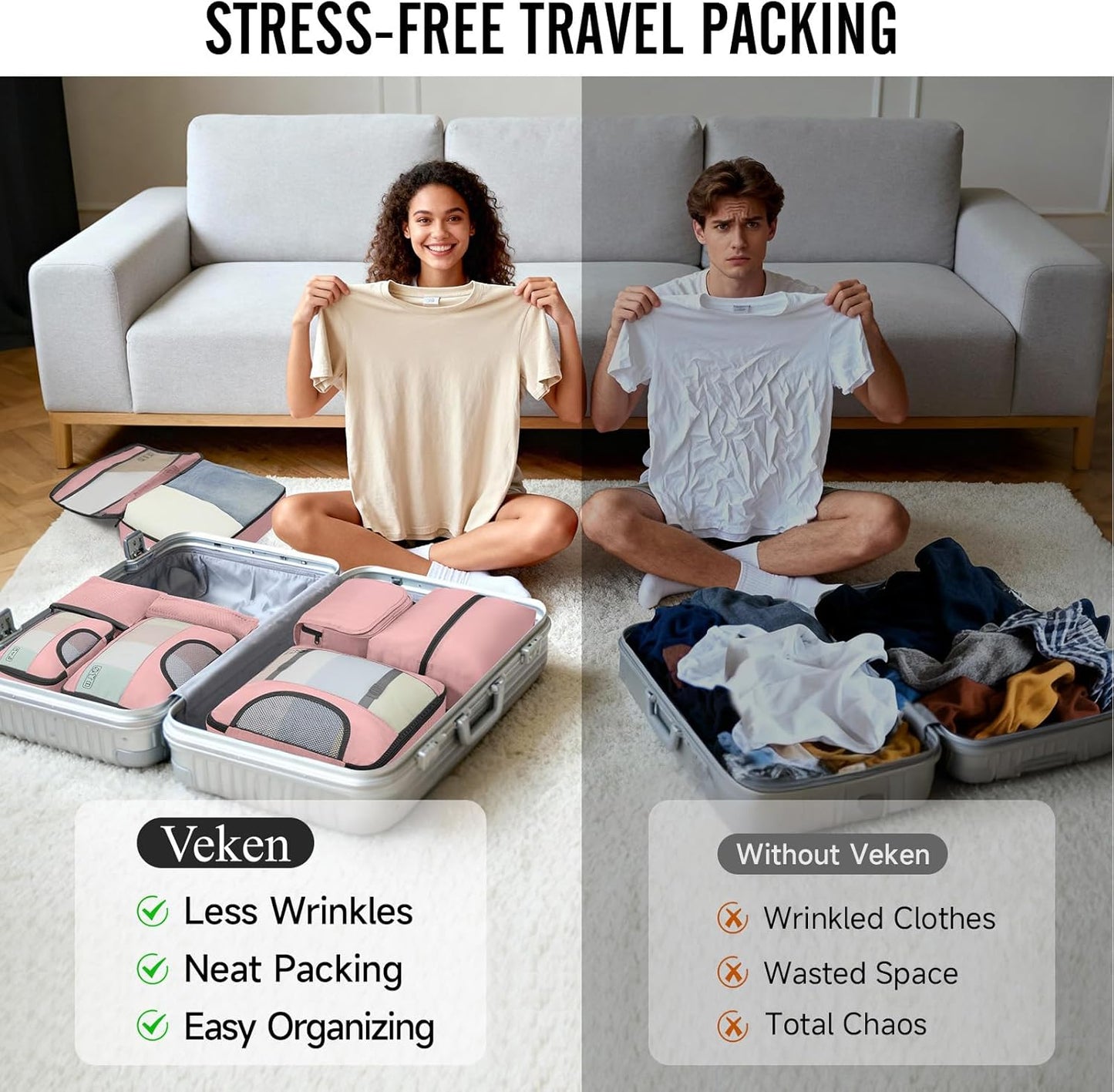 Veken 8 Set Packing Cubes for Cruise Ship Essentials,Beach Vacation Travel Accessories with Hanging Toiletry Bag,Suitcase Organizer for Luggage,Personalized Birthday & Retirement Gifts for Women Mom