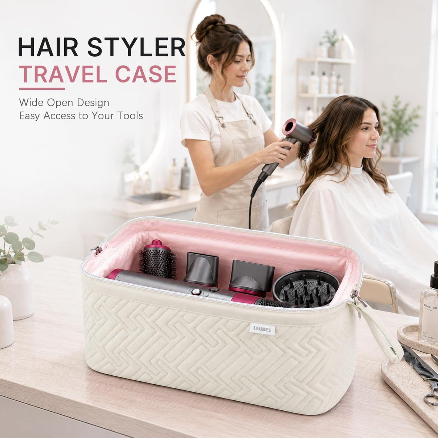 Leudes Hair Tools Travel Bag for Shark Flexstyle Carrying Case Portable Shark Hair Air Wrap Dryer Case Waterproof Dustproof Flat Curling Iron Travel Organizer (Beige)