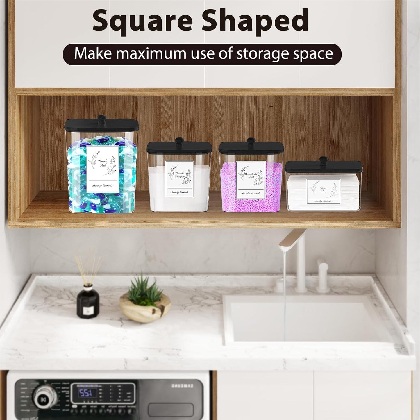 COAZEX 4 Pack Clear Laundry Pods Container & Dryer Sheet Holder, Plastic Square Laundry Room Organization and Storage Jars with Lids, Scoops & Labels for Detergent, Powder, Dryer Balls (Black Lid)