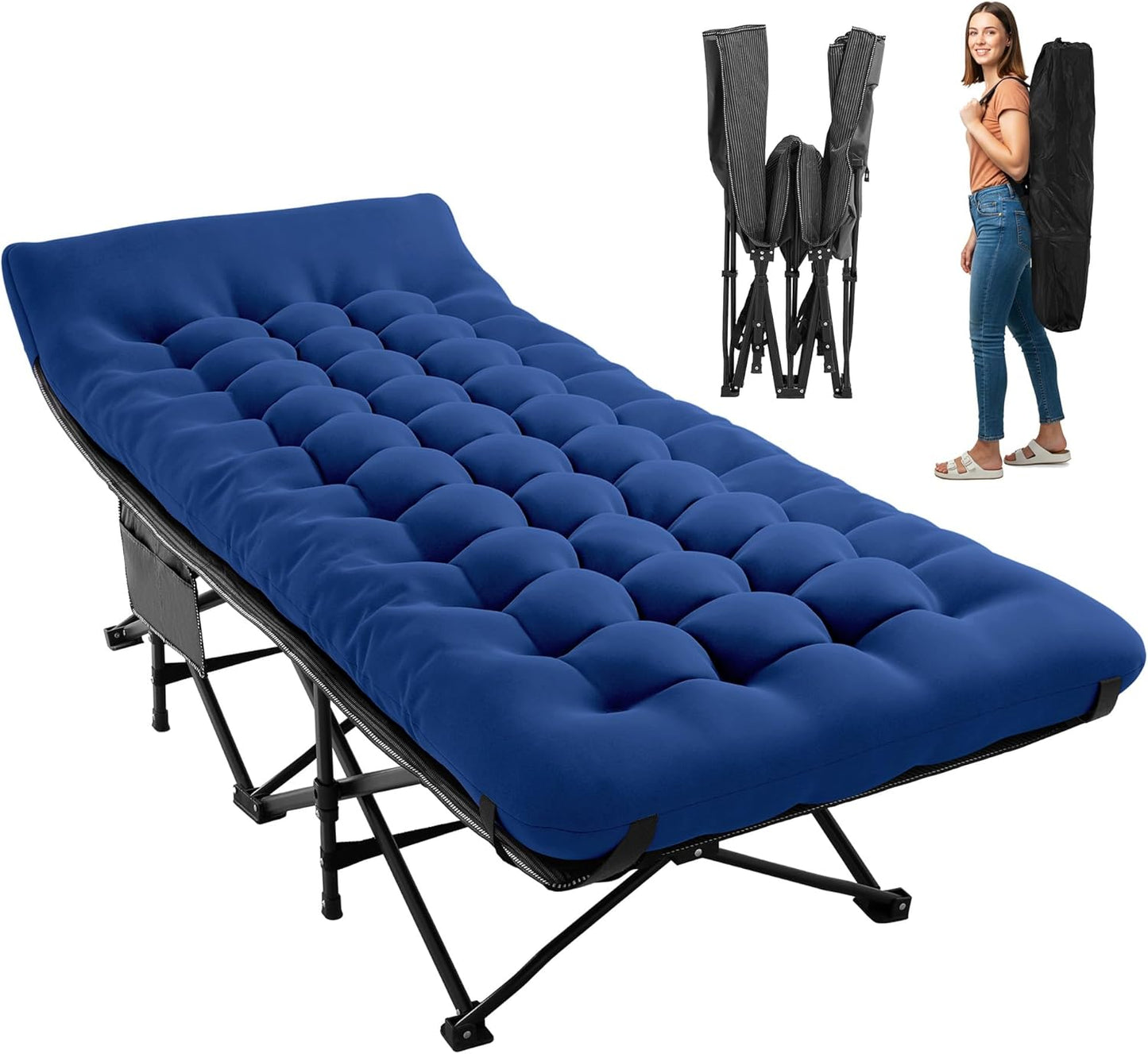 JEAREY Camping Cot for Sleeping 28" Extra Wide, Heavy-Duty 1200D Oxford Foliding Cots for Adults Portable with Mattress, Carry Bag for Guest, Travel, Hiking, Navy