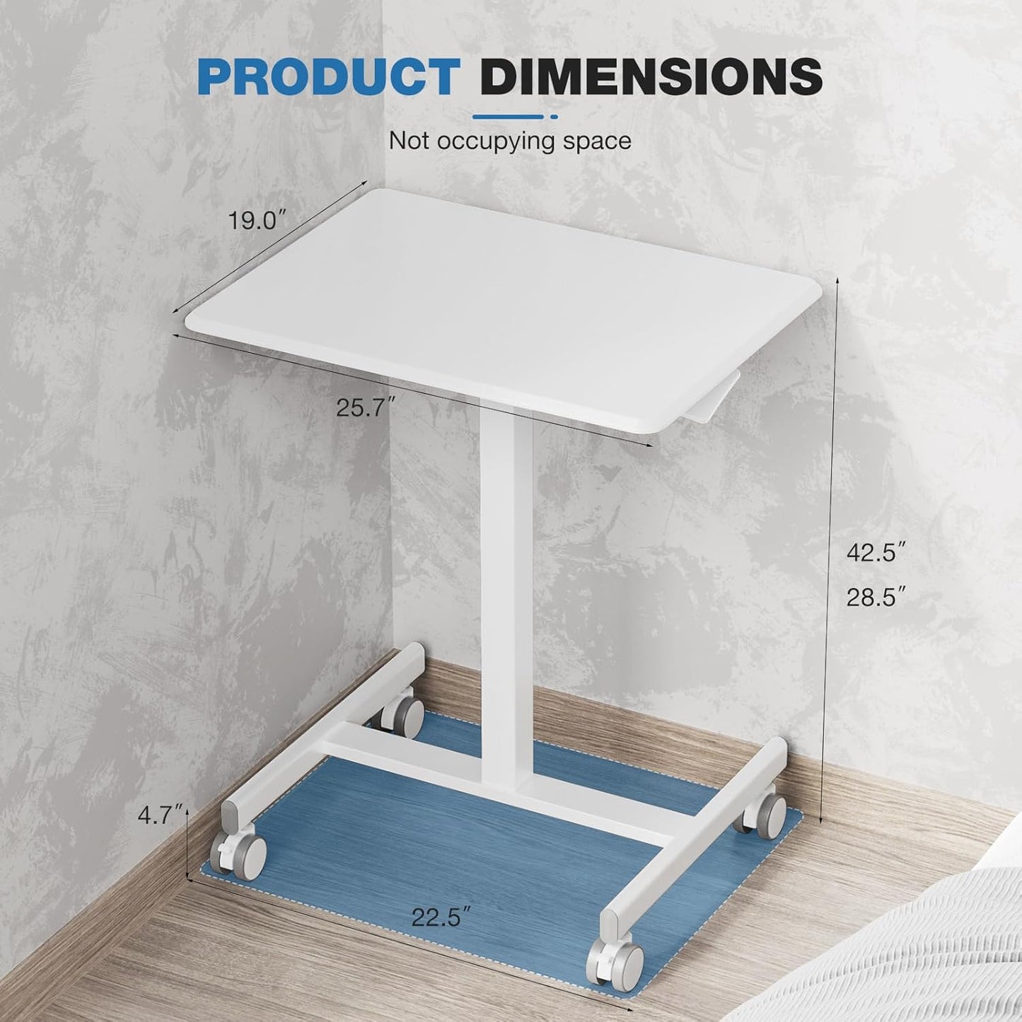 OLIXIS Mobile Rolling Desk with Wheels Small Standing Laptop Desks Portable Pneumatic Adjustable Height Sit Stand Table Computer Workstation for Home Office White