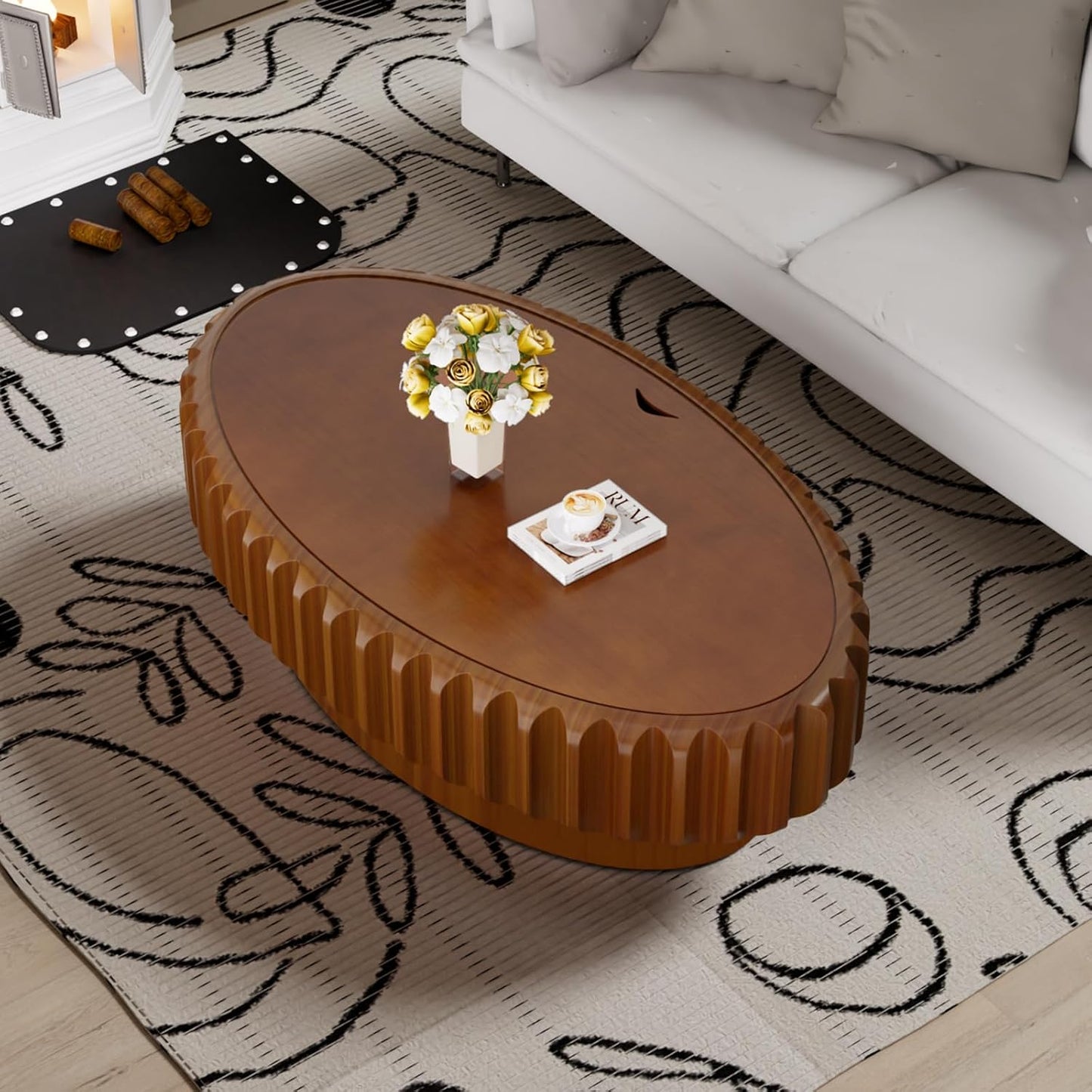43.3'' Oval Coffee Table with Storage for Living Room, Modern Oval Drum Fluted Coffee Table with Wood Veneered Circle Center Tables for Small Space Apartment (B)