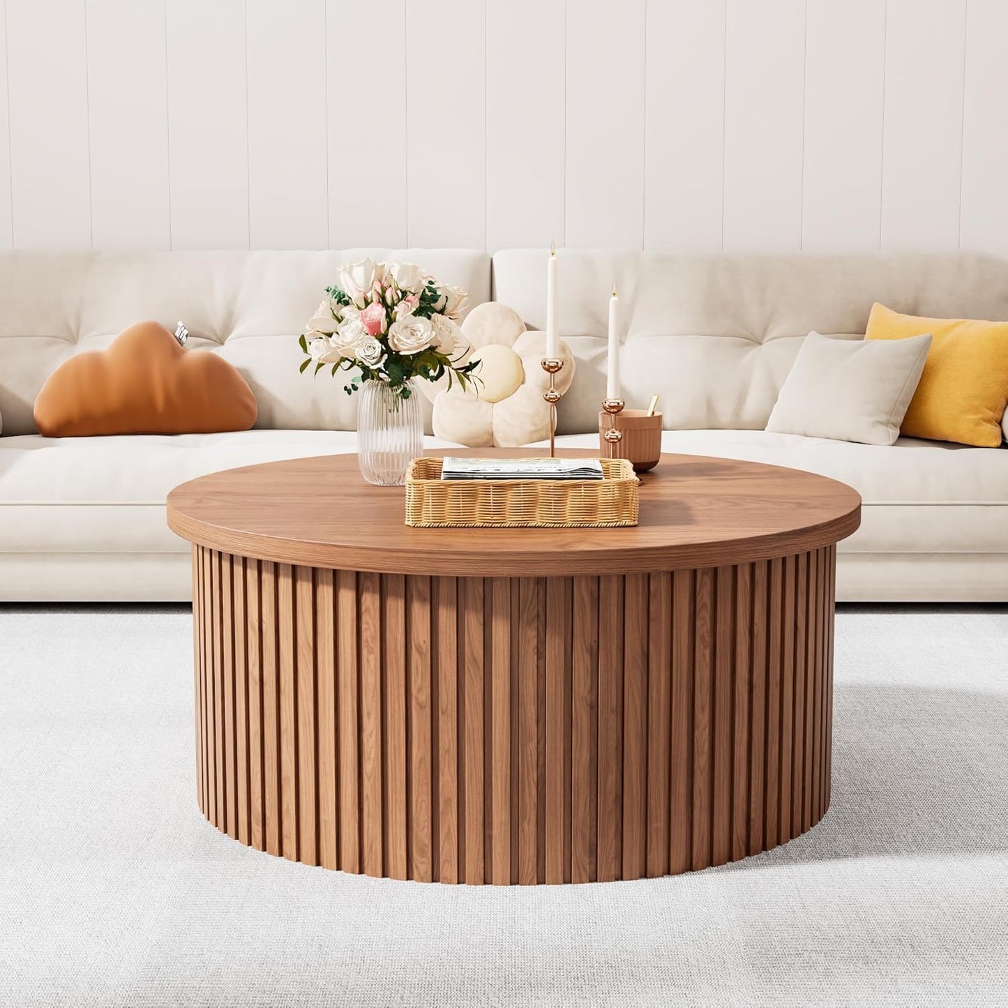 Fsbecl 34'' Round Fluted Lift Top Coffee Table with Hidden Storage, Walnut | Wooden Center Table, Lift Top Coffee Table for Living Room, Home Decor