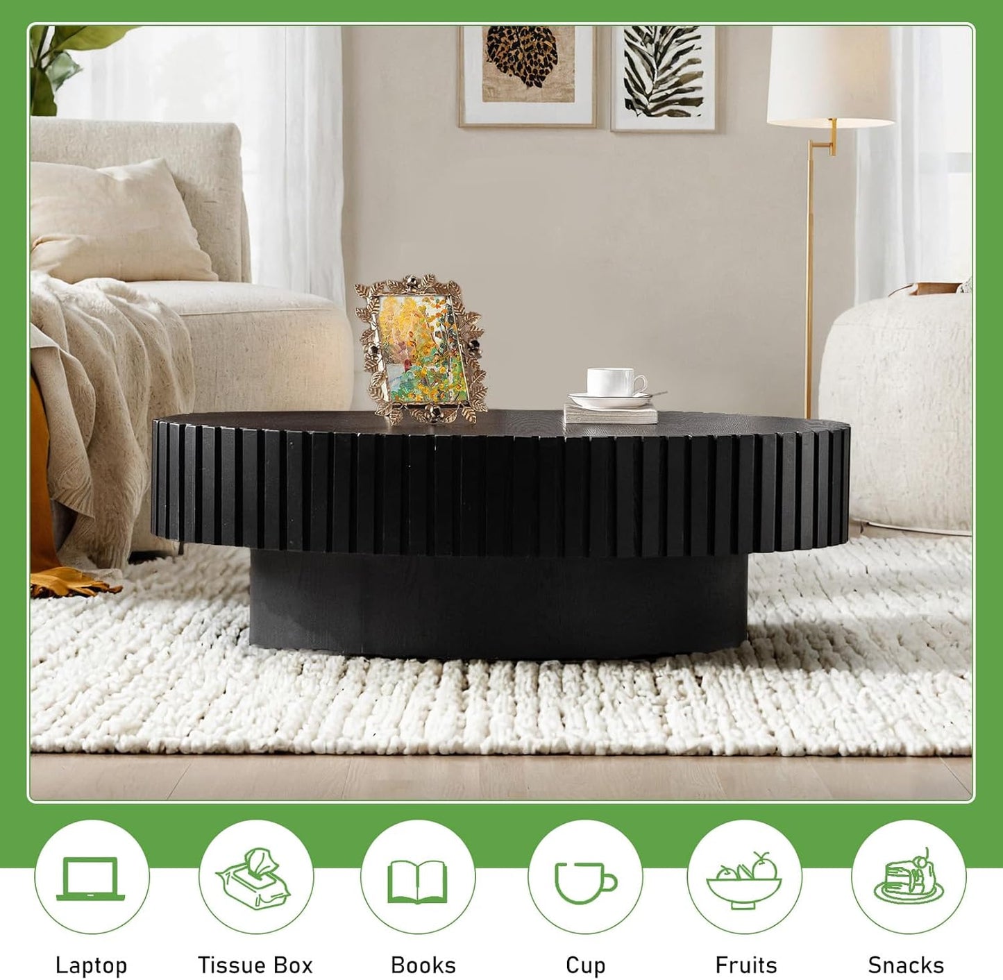 43.3'' Oval Coffee Table for Living Room (Oval Black) | Modern Handcraft Drum Coffee Table Unique Fluted Coffee Tables Wood Center Table End Table for Farmhouse Apartment Office