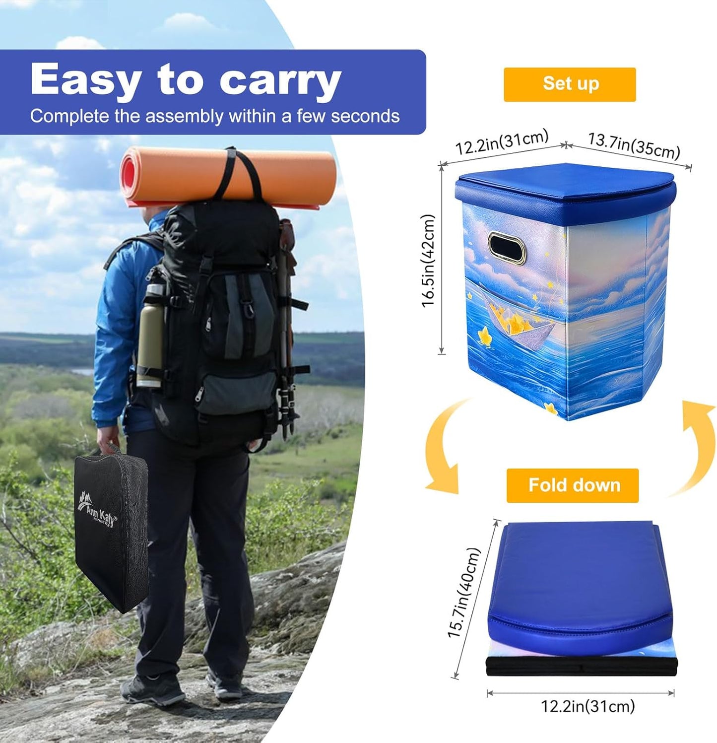 Ann Katy Upgrade XL Portable Toilet for Adults, Extra Large Portable Travel Floding Toilet, Camping Tall Toilets with Lid for Adults and Kids Compact Potty for Car,Hiking,Beach and Camping