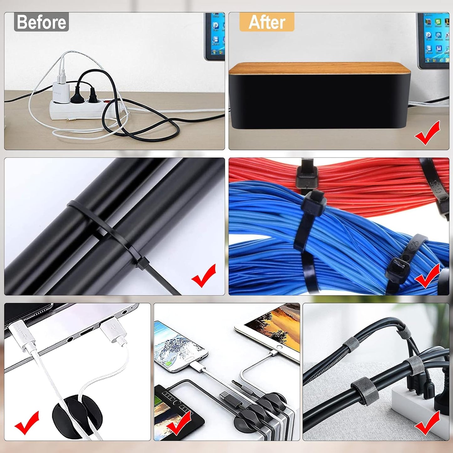 128PCS Cable Management Box 3Pack Cable Management Kit for Power Strip to Hide Wires,Cord Hider Boxes,Cord Box Safe ABS Material Wire Organizer of Cable Clips Sleeve for Home & Office, Black
