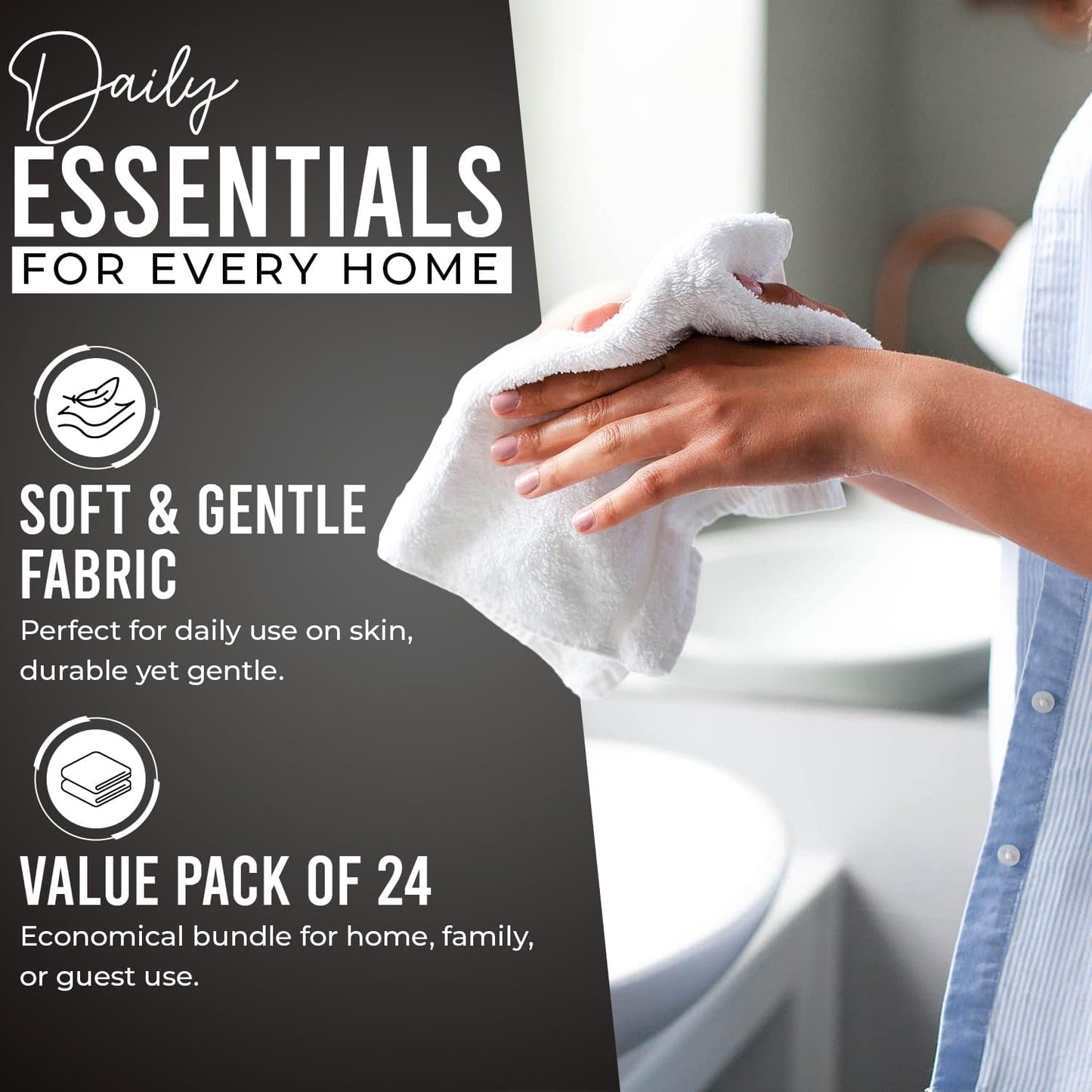 DAN RIVER 24 Pack Wash Cloths for Showering [12x12] - 100% Cotton Washcloths Premium Quality Flannel Face Cloths for Bathroom, Highly Absorbent and Soft Feel Wash Clothes, Black