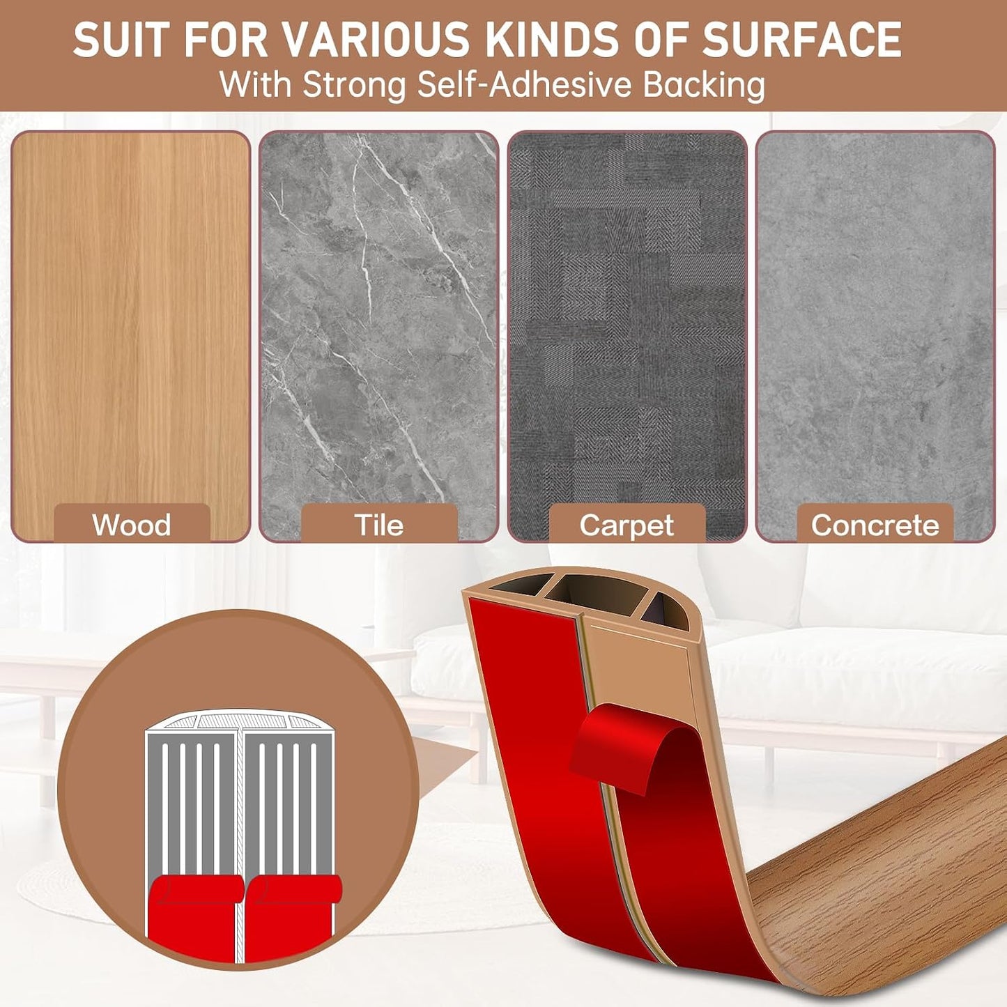 LSGCQ Floor Cord Cover Self Adhesive Cord Hider Floor Cable Management | Cord Covers for Wires on Floor Cable Cover, Prevent Cable Trips, Cable Cavity 0.59" W x 0.31" H, 20Ft, Light Brown Wood