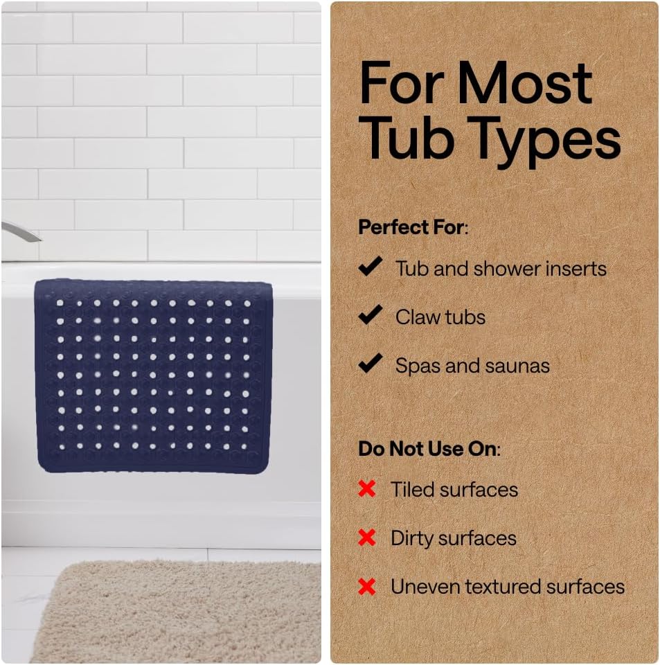 GORILLA GRIP Patented Bath Tub Shower Mat, Machine Washable Bathtub Floor Liner Mats, Suction Cups and Drain Holes to Keep Tubs Clean, Soft on Feet, Bathroom Essentials, 35x16 Inch, Navy Opaque